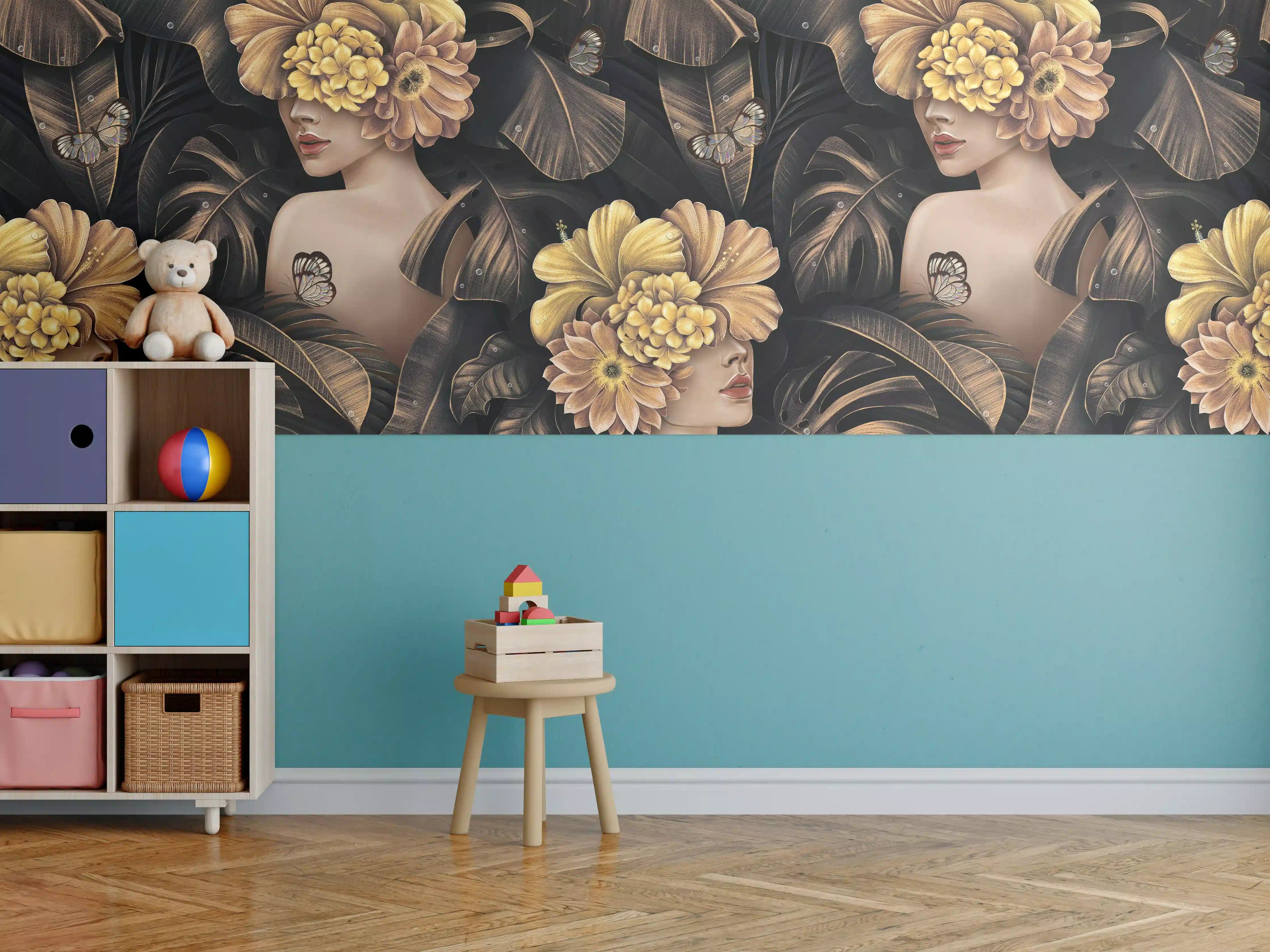 Kinderzimmer Wandgestaltung - Sinnlicher Blumen-Mix mit dunklem Hintergrund