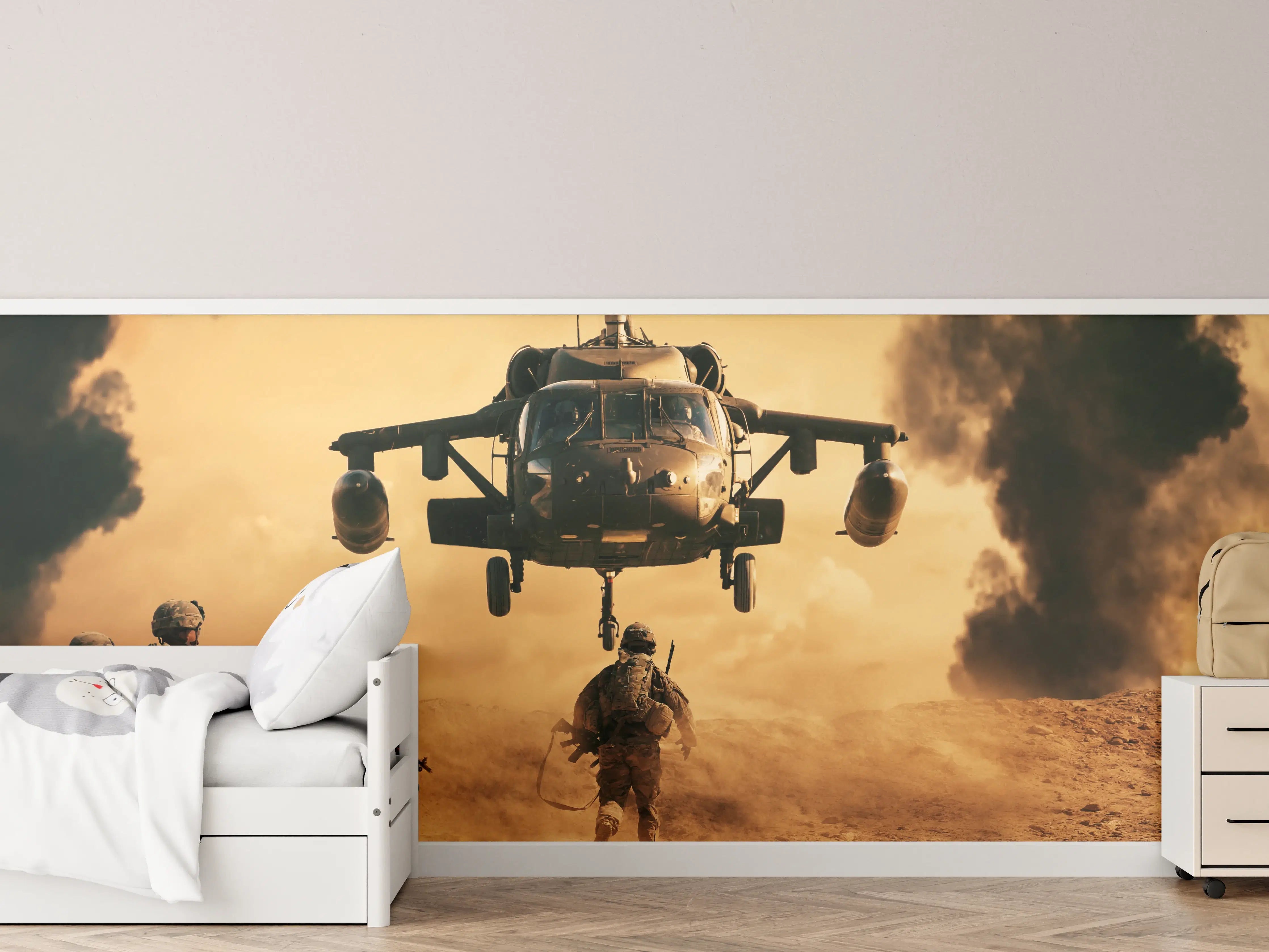 Kinderzimmer Wandgestaltung - Soldaten rennen auf dem Schlachtfeld zum Hubschrauber