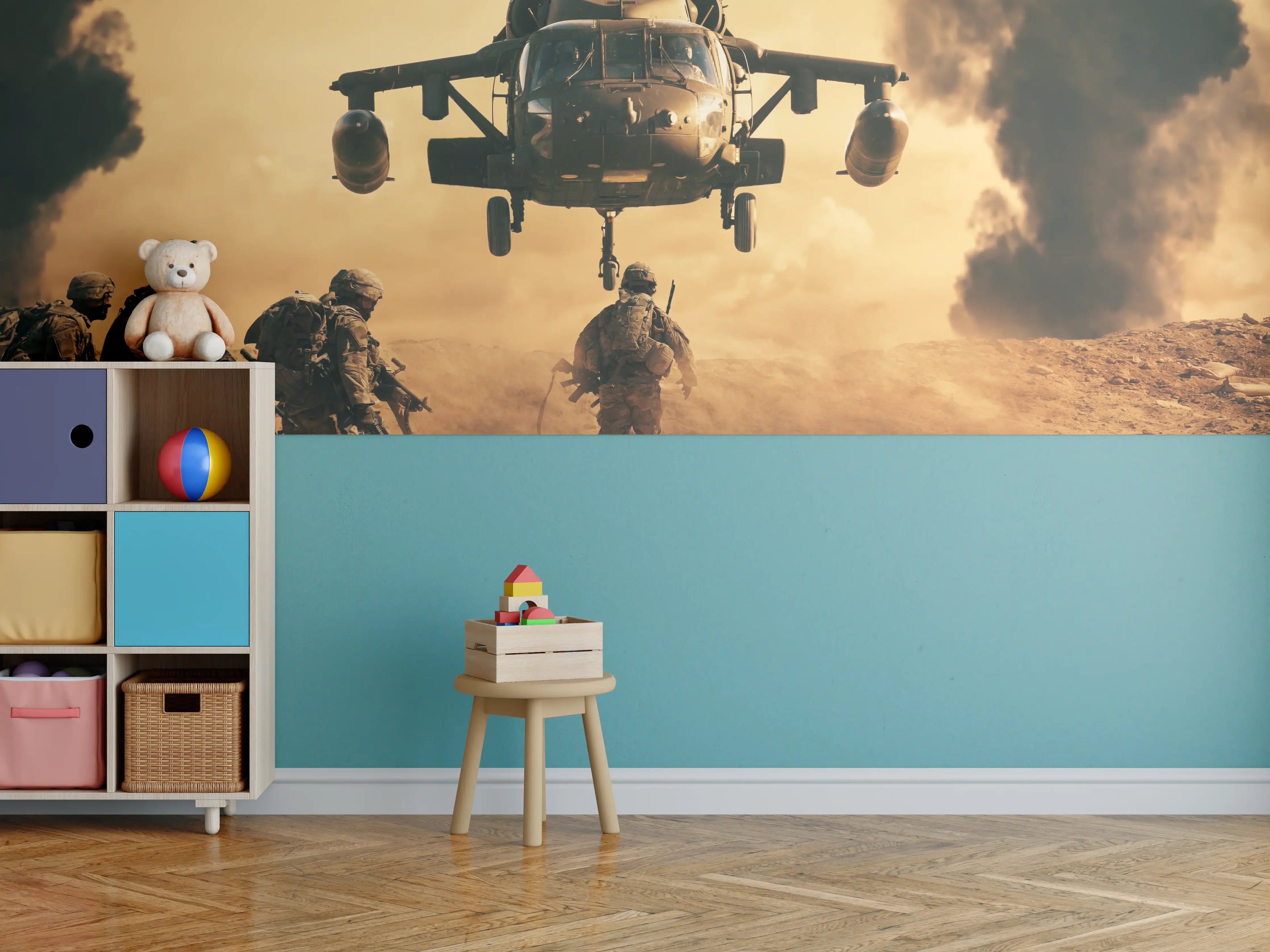 Kinderzimmer Wandgestaltung - Soldaten rennen auf dem Schlachtfeld zum Hubschrauber