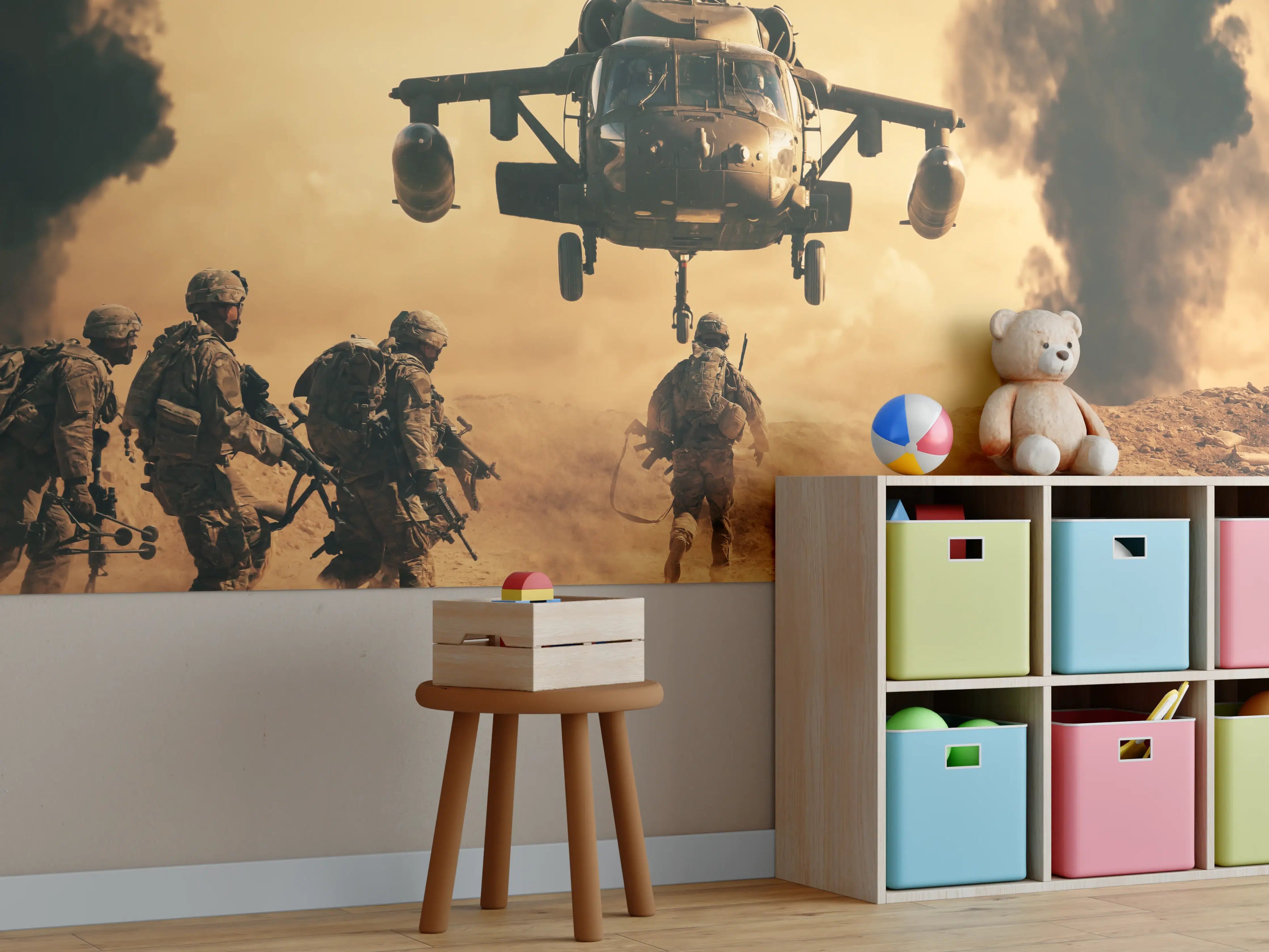 Kinderzimmer Wandgestaltung - Soldaten rennen auf dem Schlachtfeld zum Hubschrauber