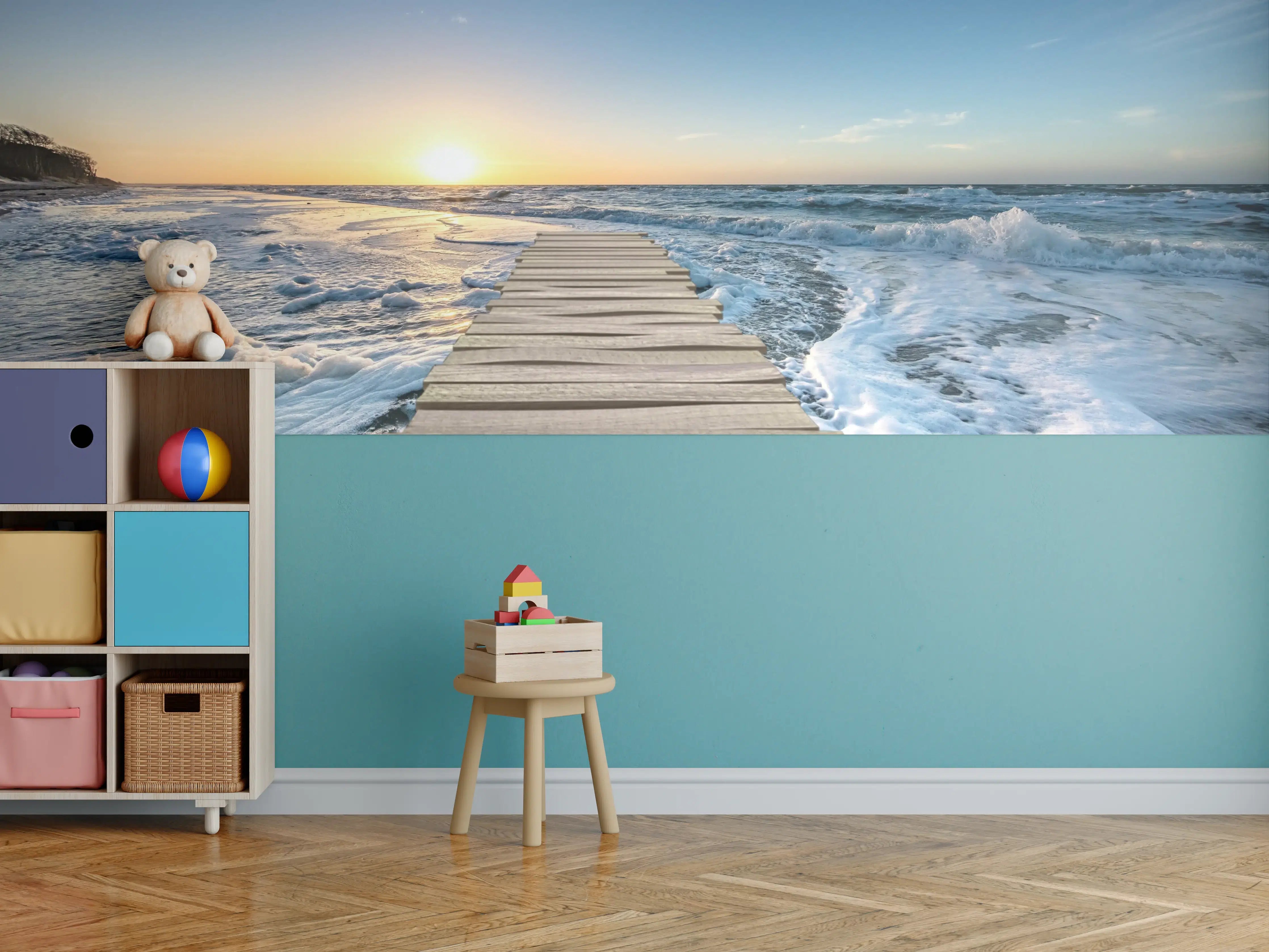 Kinderzimmer Wandgestaltung - Sonnenaufgang am Meer mit Holzsteg