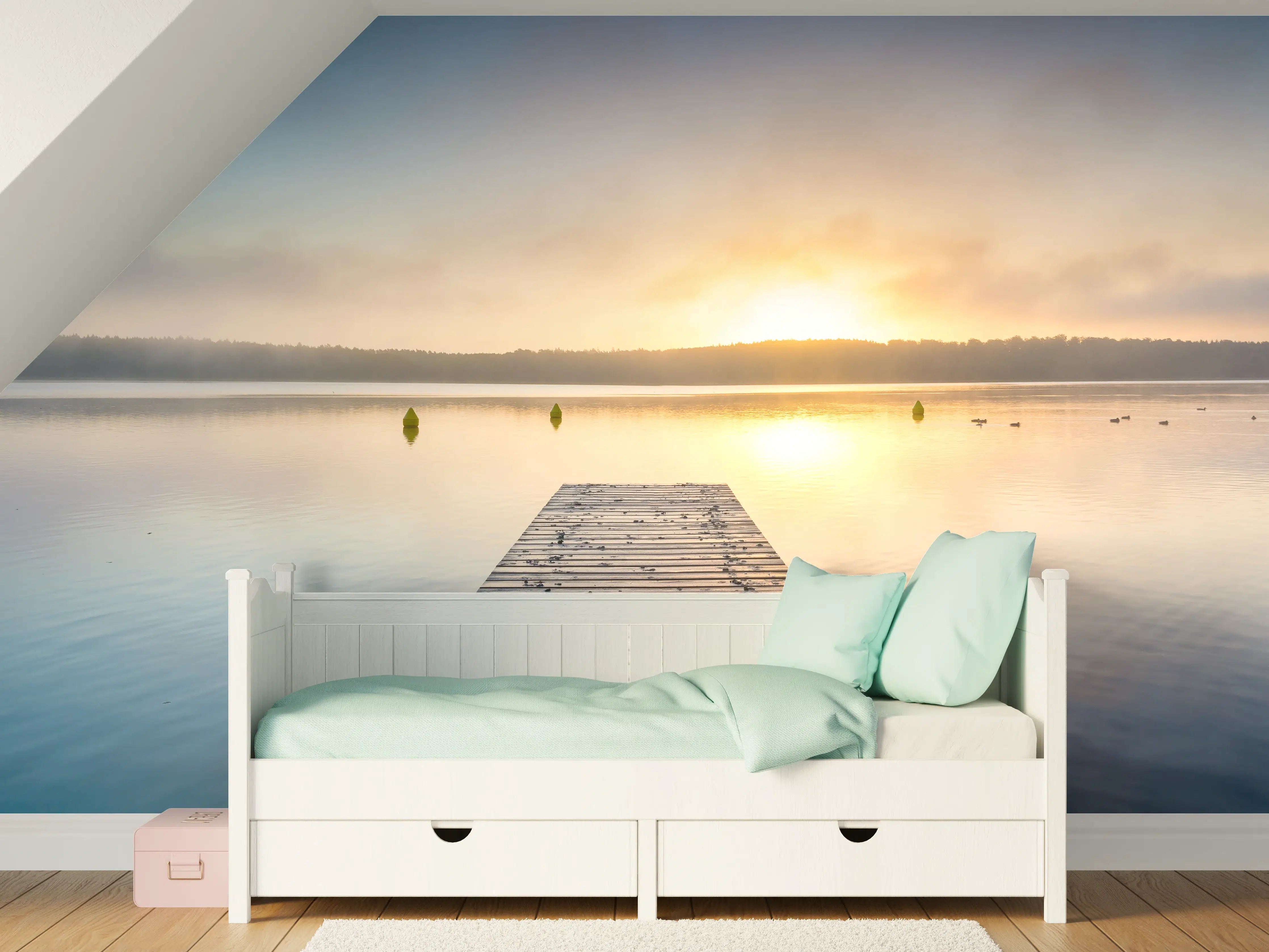 Kinderzimmer Wandgestaltung - Sonnenaufgang am See mit Nebel