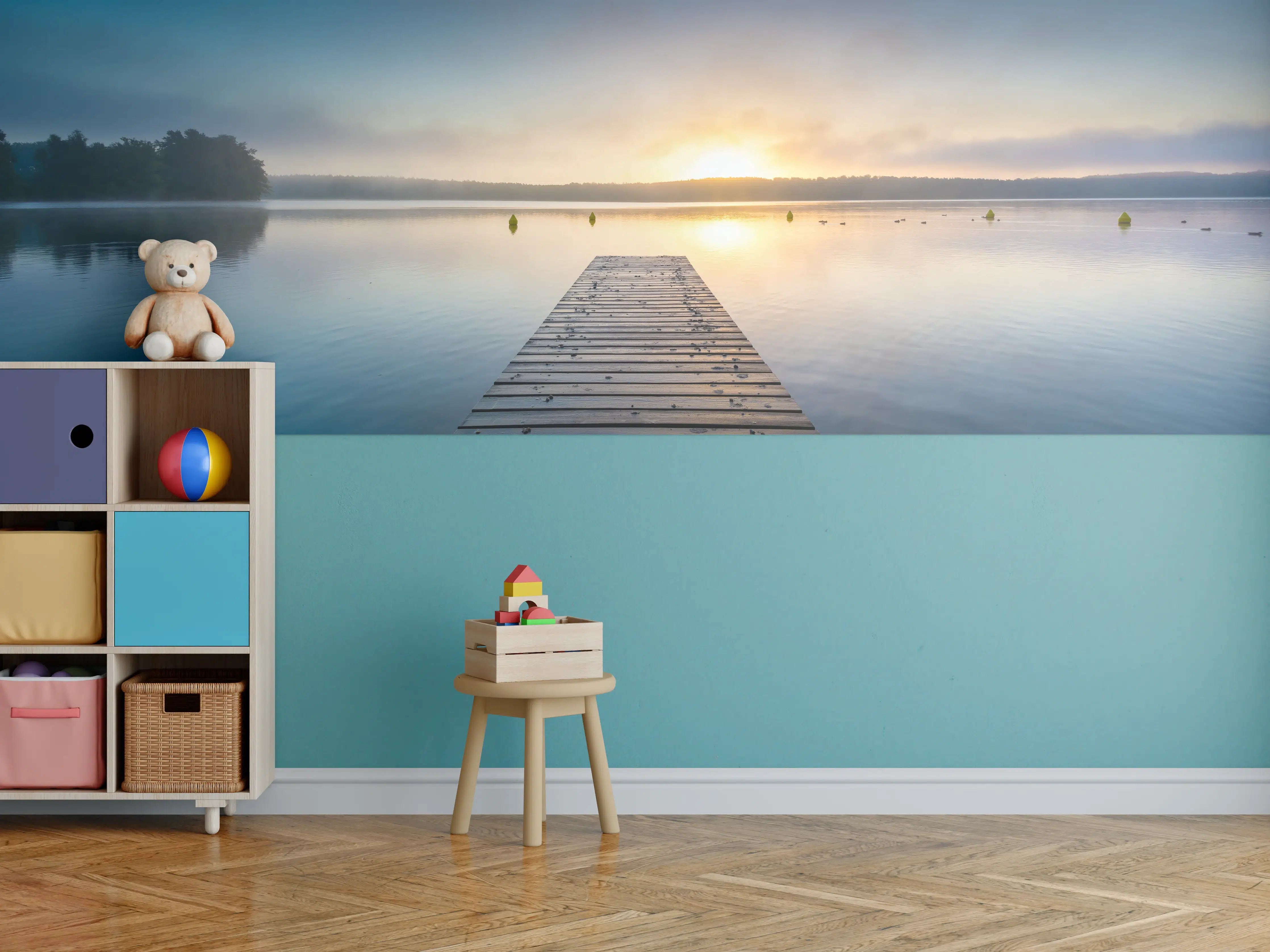Kinderzimmer Wandgestaltung - Sonnenaufgang am See mit Nebel