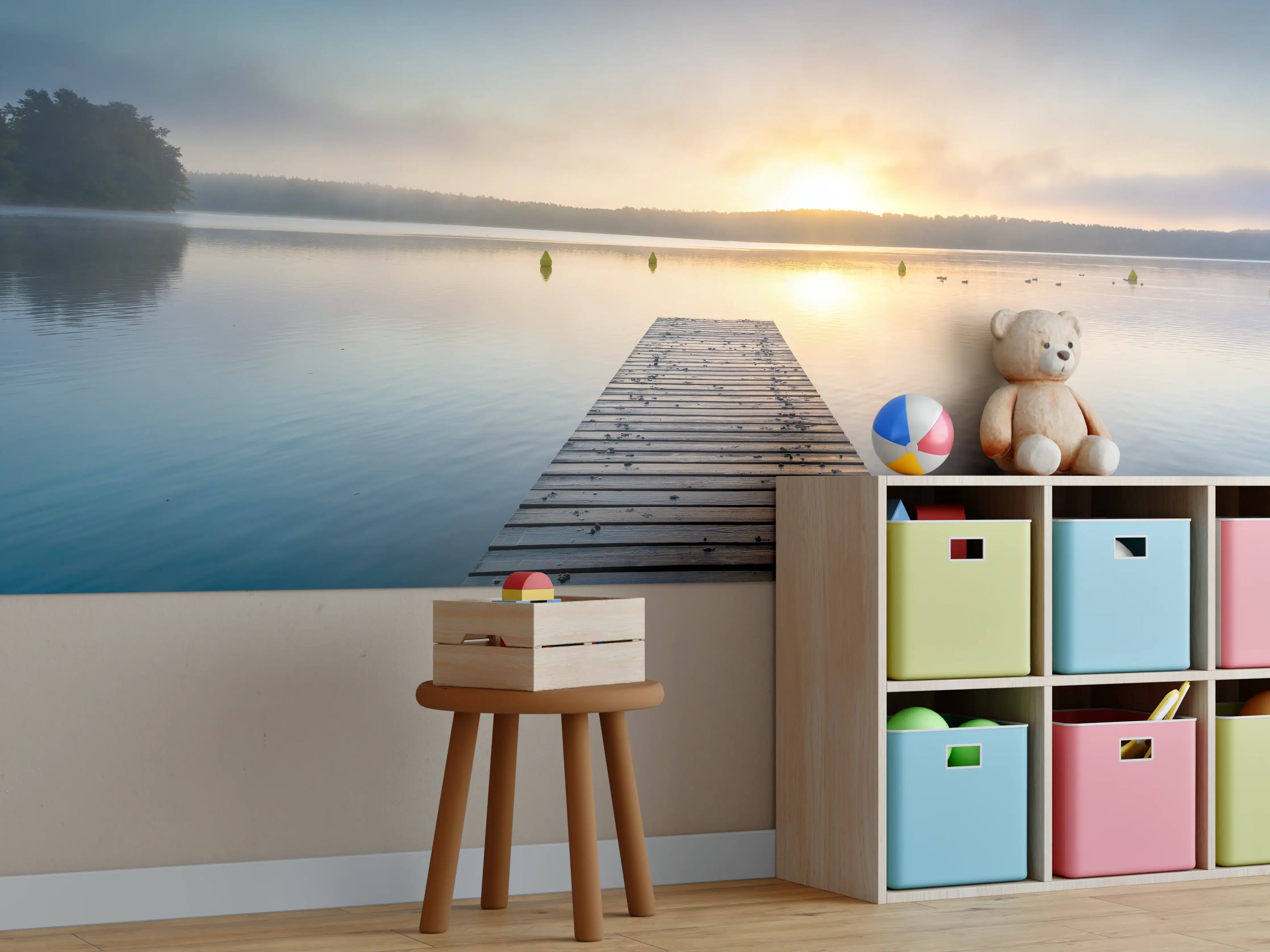 Kinderzimmer Wandgestaltung - Sonnenaufgang am See mit Nebel