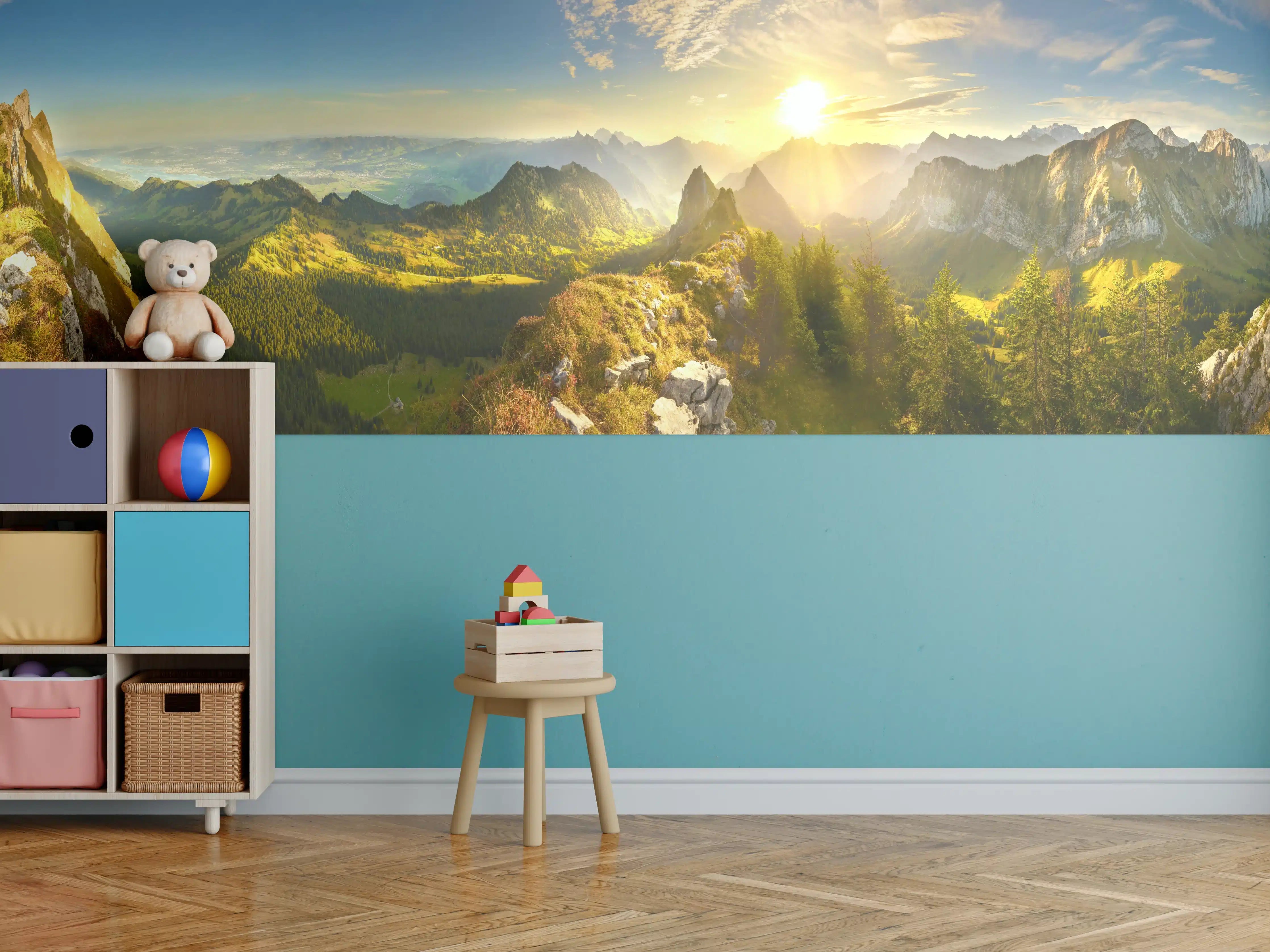 Kinderzimmer Wandgestaltung - Sonnenaufgang über Schweizer Tal