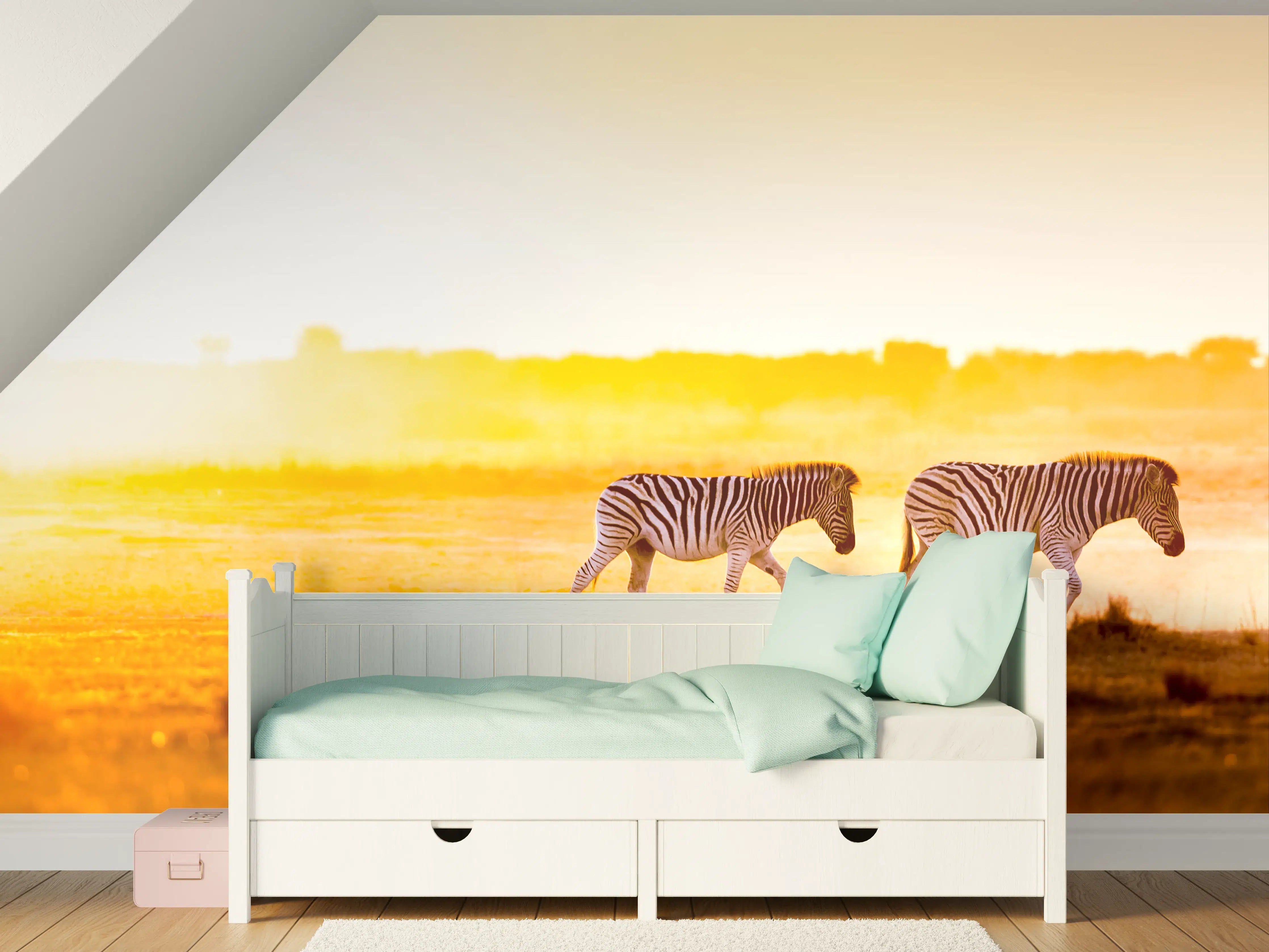 Kinderzimmer Wandgestaltung - Sonnenaufgang über der Steppe mit Zebras