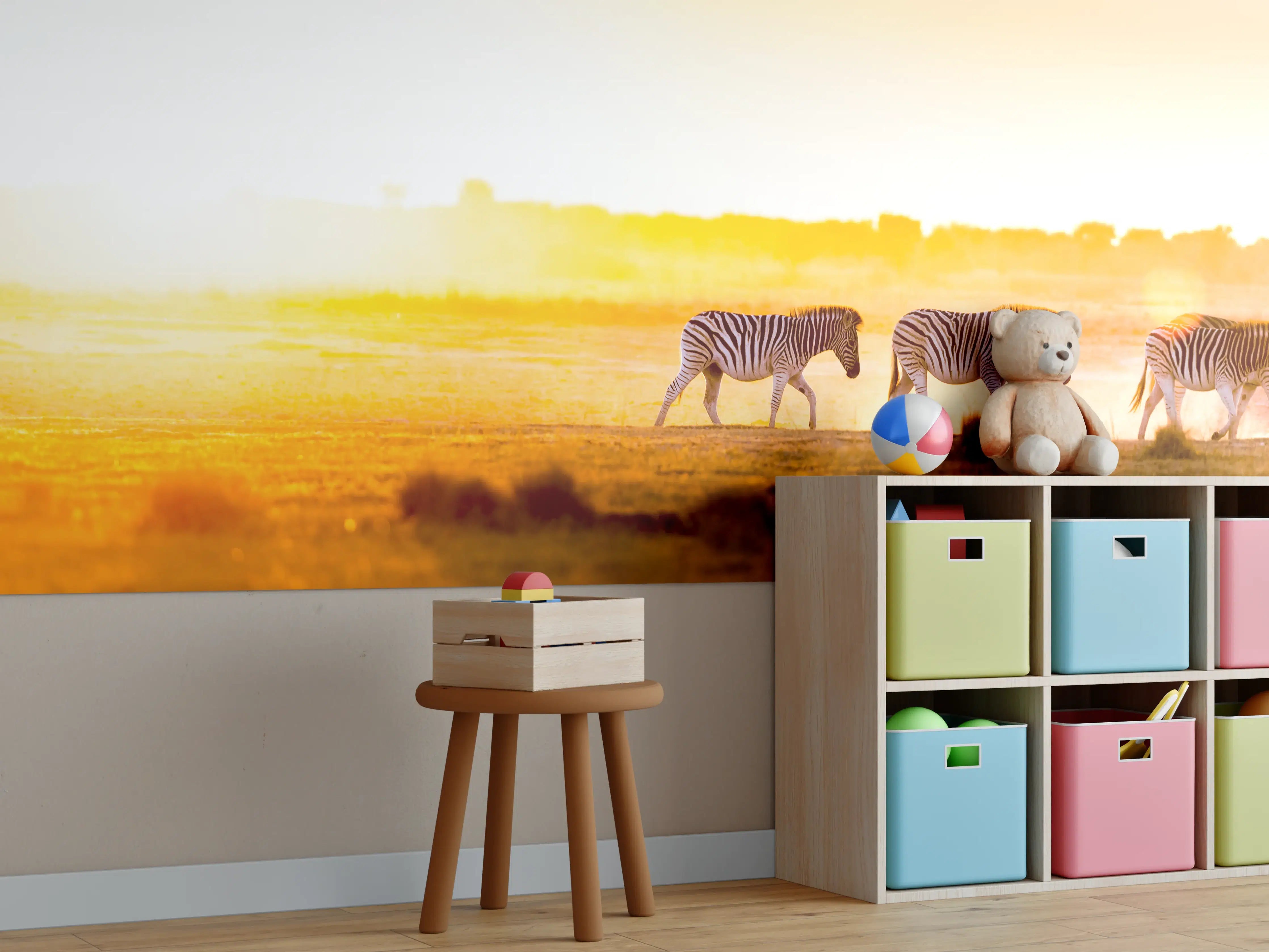 Kinderzimmer Wandgestaltung - Sonnenaufgang über der Steppe mit Zebras