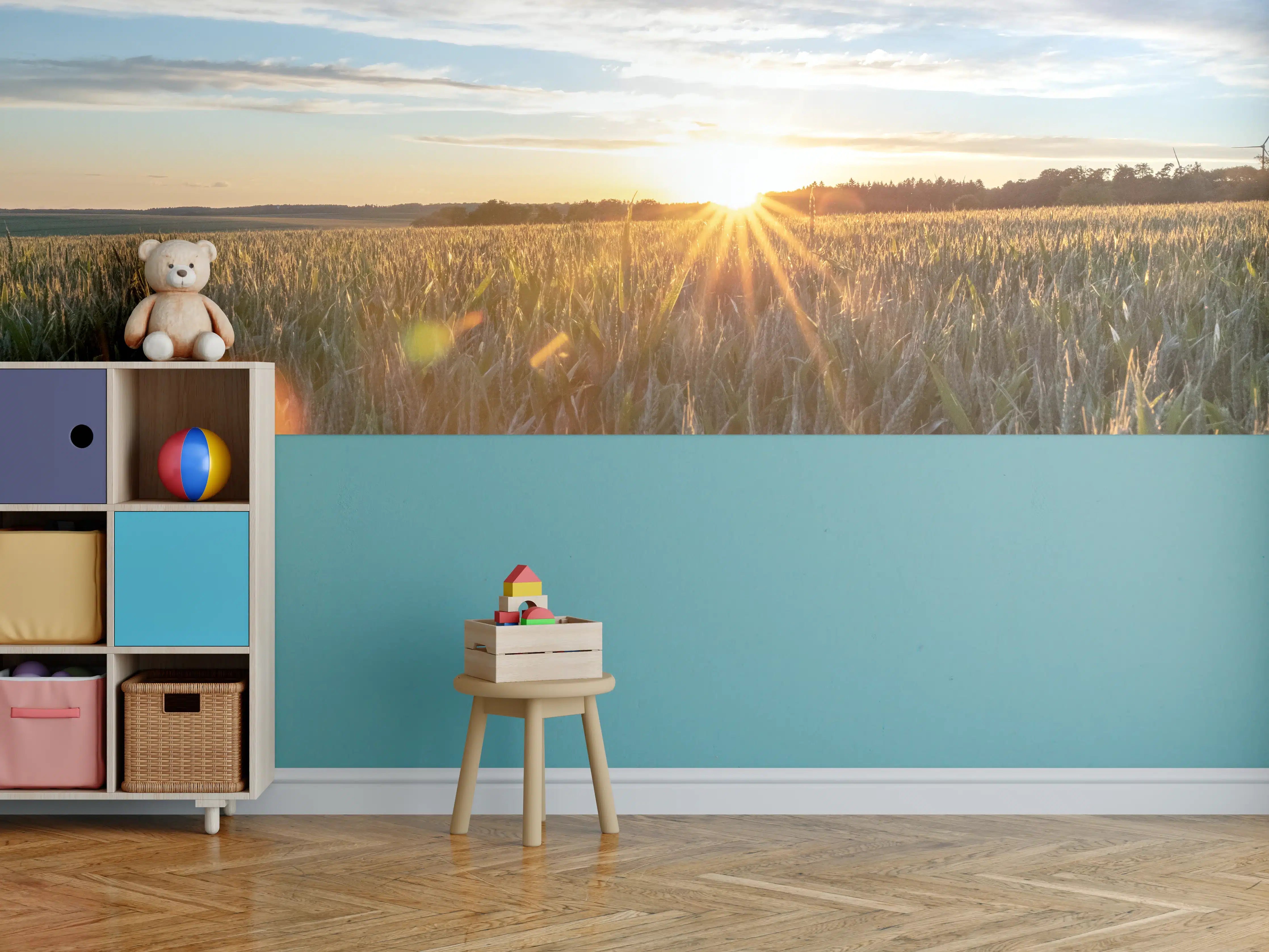 Kinderzimmer Wandgestaltung - Sonnenaufgang über einem Weizenfeld bei Morgenlicht