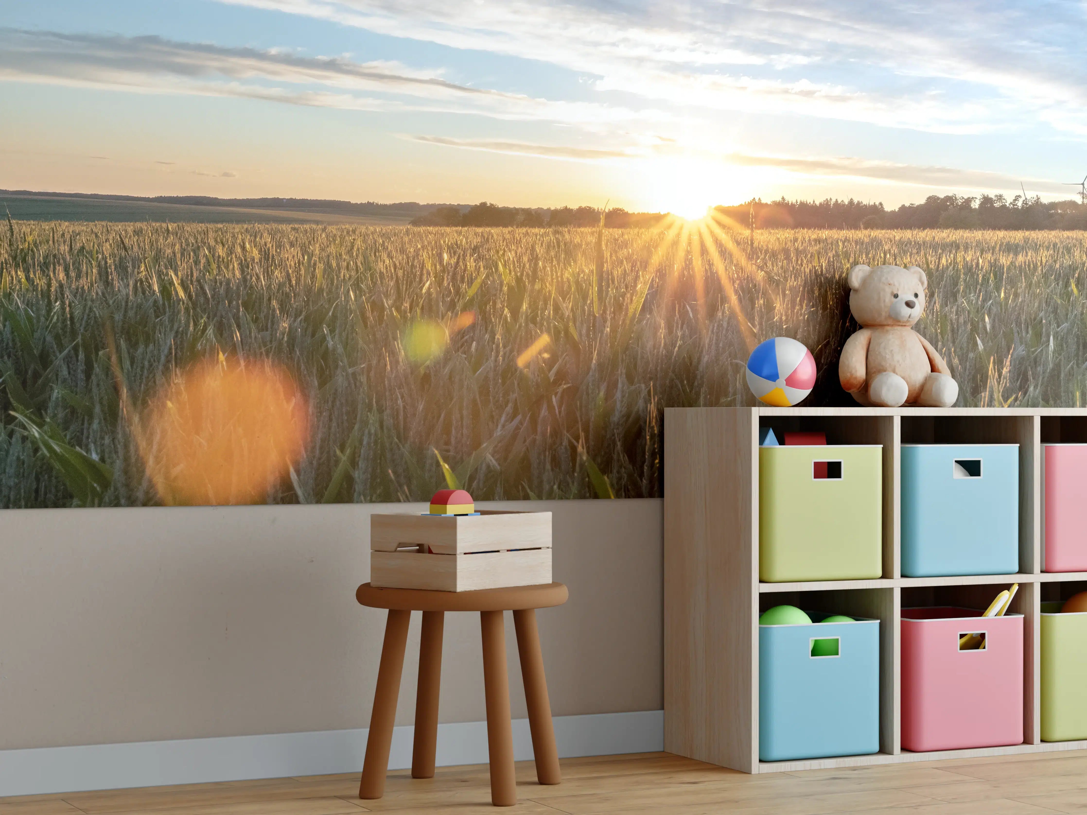 Kinderzimmer Wandgestaltung - Sonnenaufgang über einem Weizenfeld bei Morgenlicht