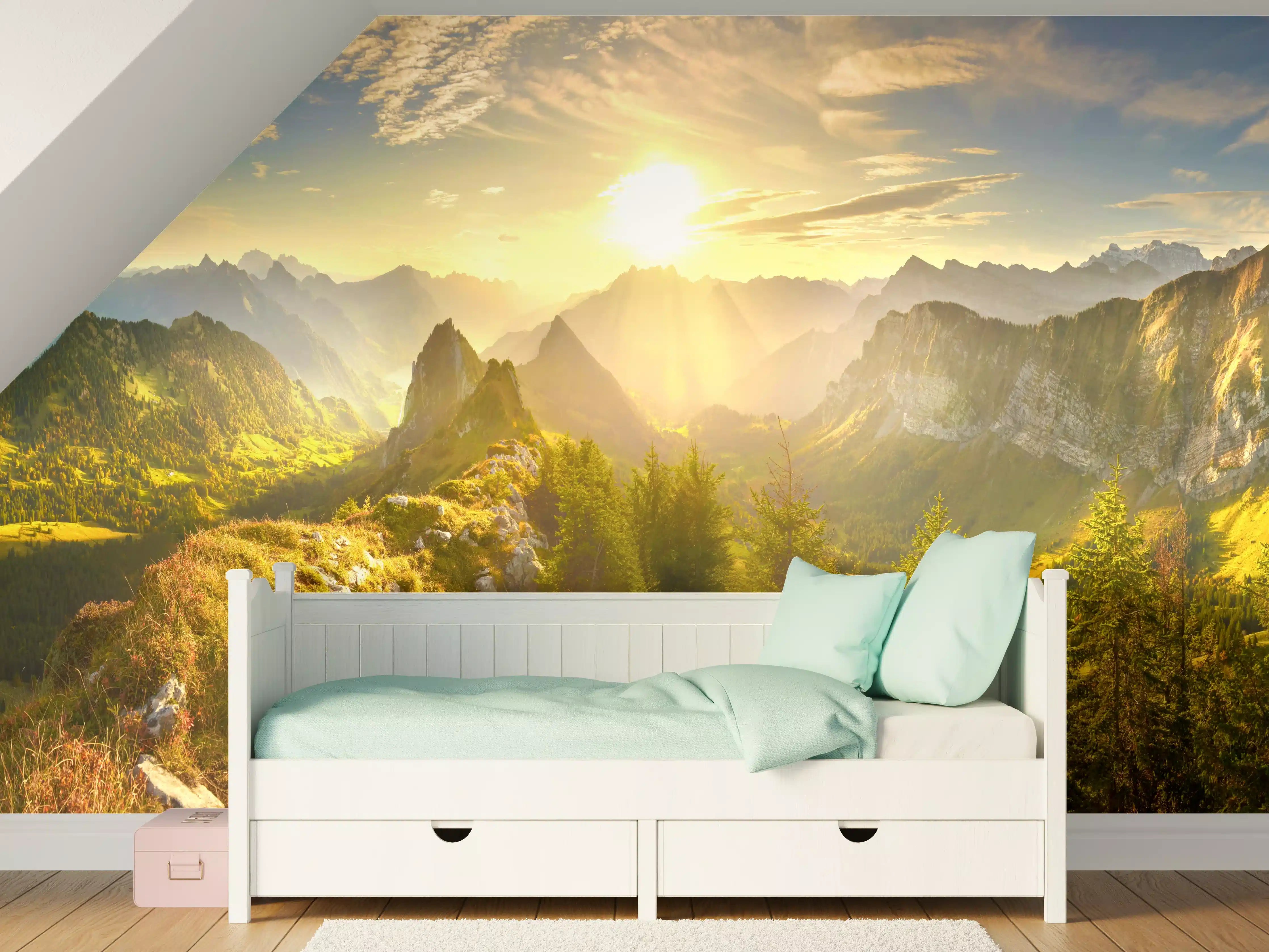 Kinderzimmer Wandgestaltung - Sonnenaugang über Schweizer Alpen