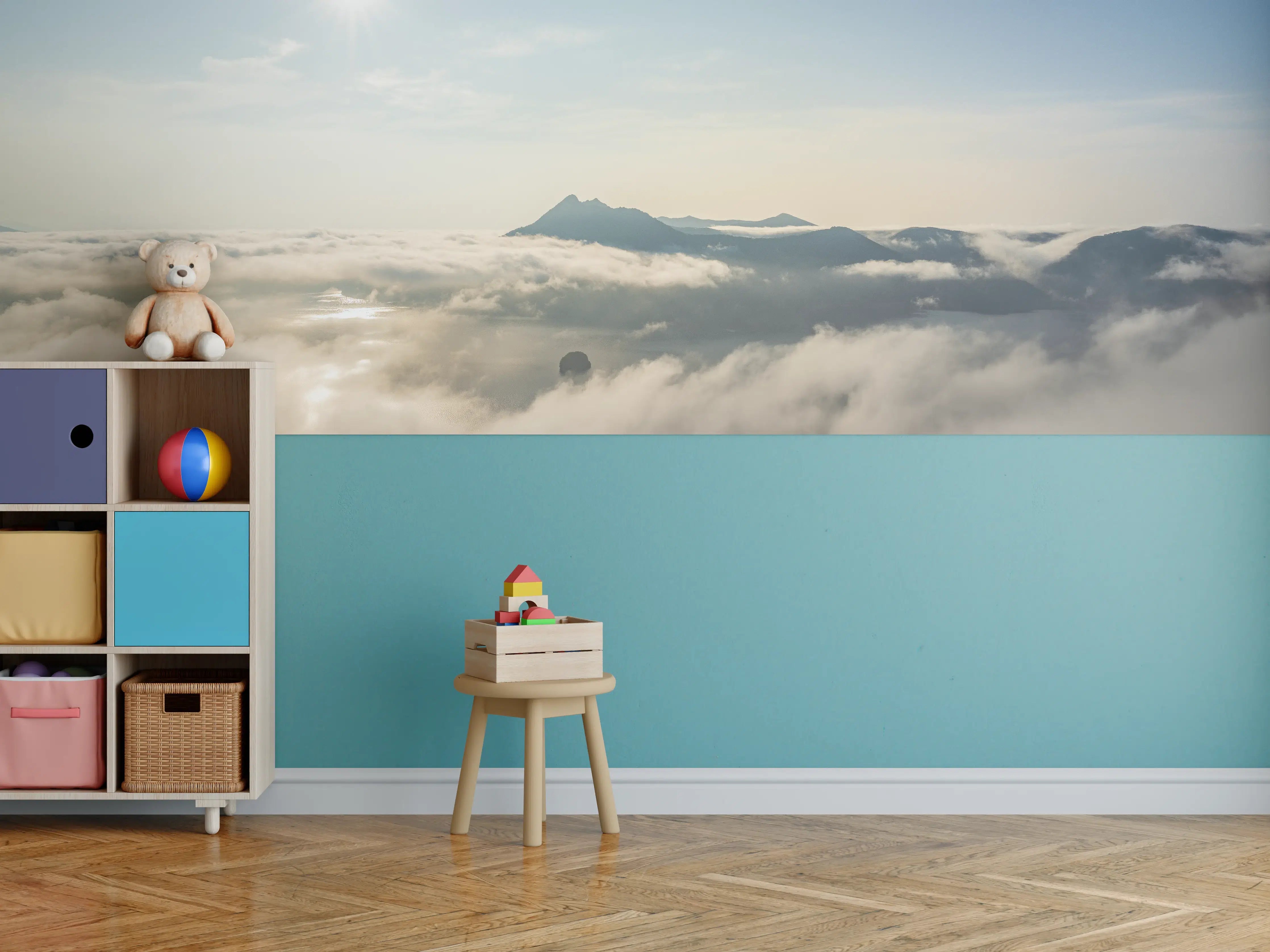 Kinderzimmer Wandgestaltung - Sonnenlicht über Wolken und Berggipfeln