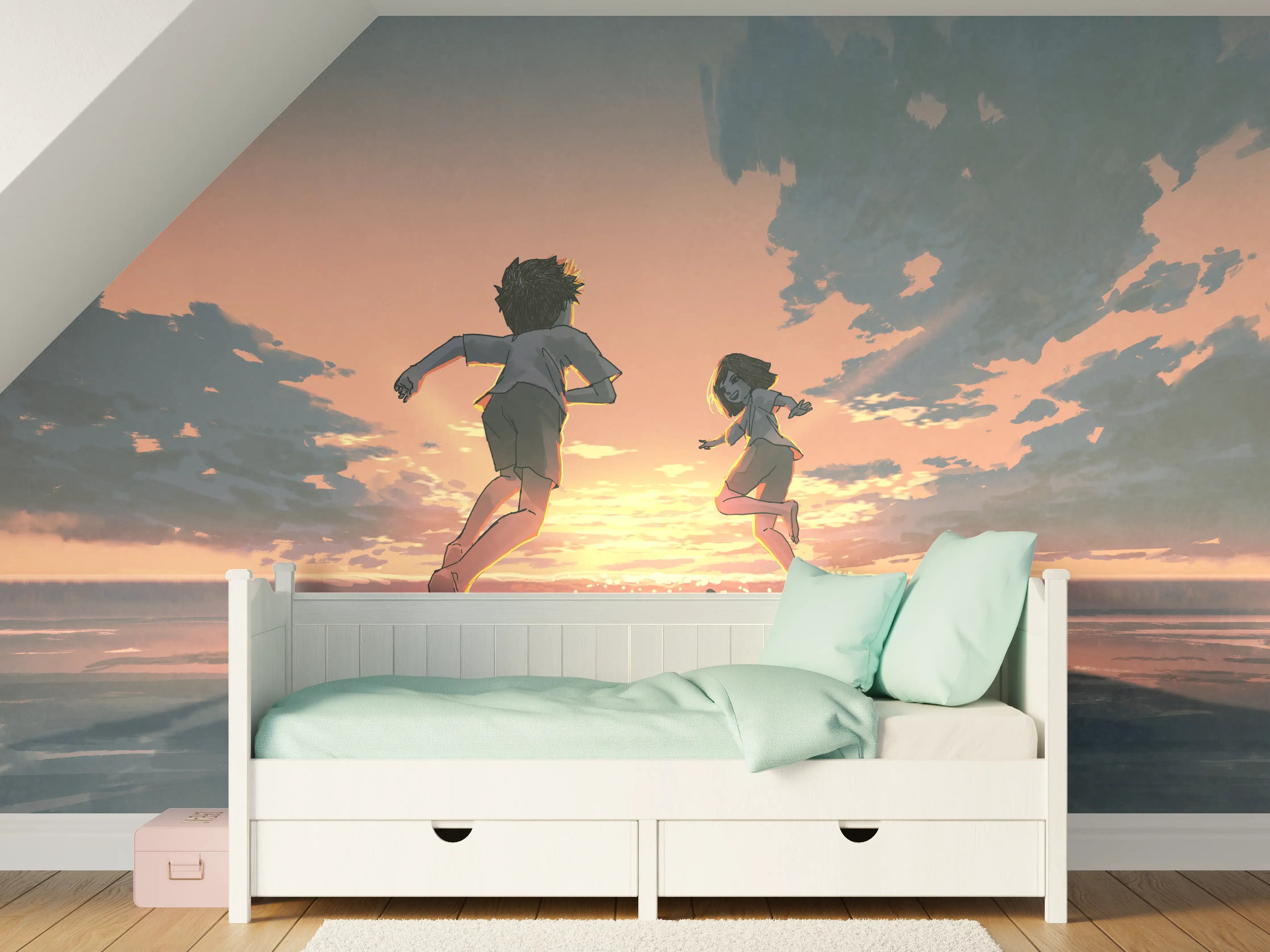 Kinderzimmer Wandgestaltung - Sonnenuntergang Kinder Silhouetten