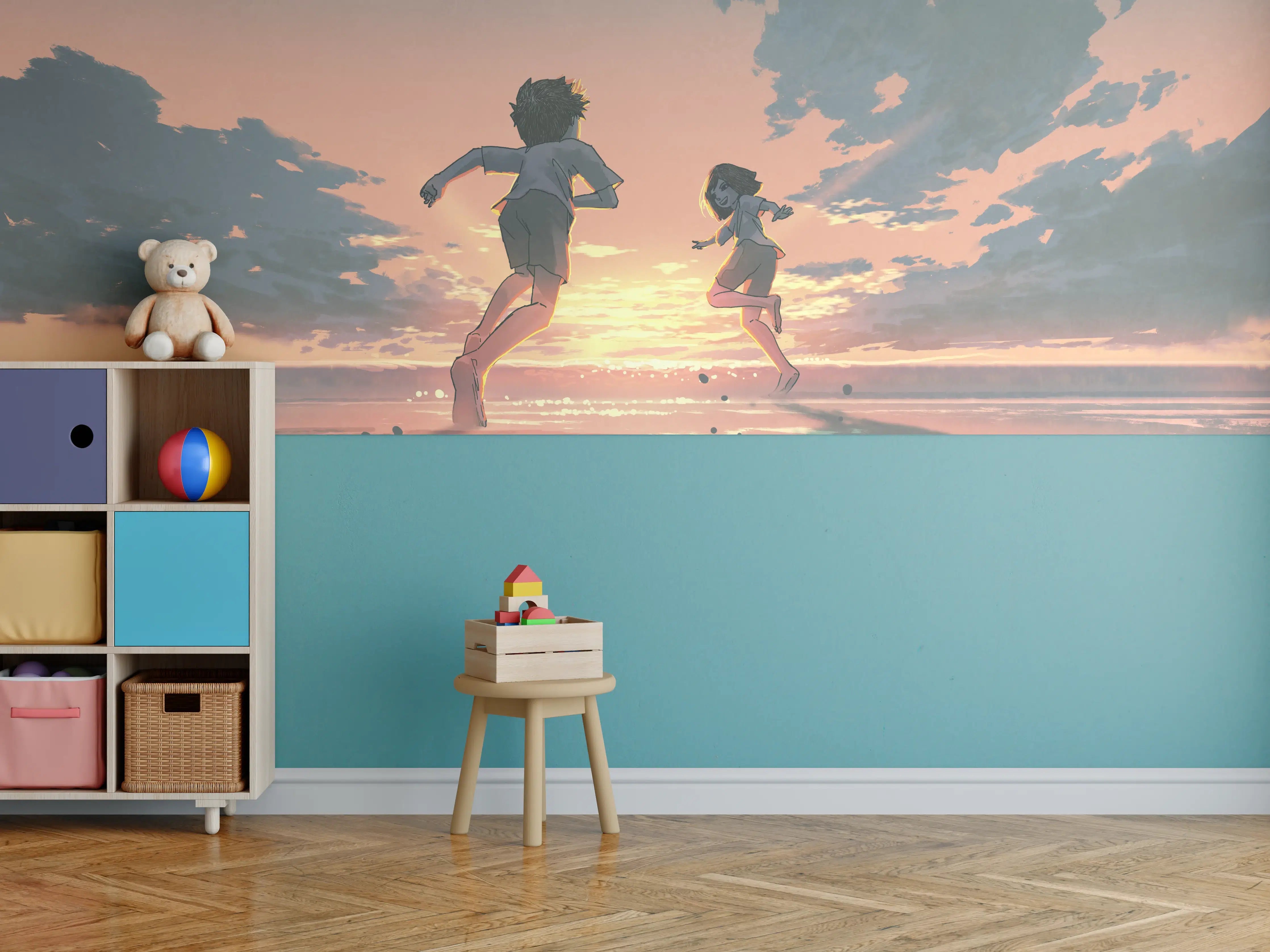 Kinderzimmer Wandgestaltung - Sonnenuntergang Kinder Silhouetten