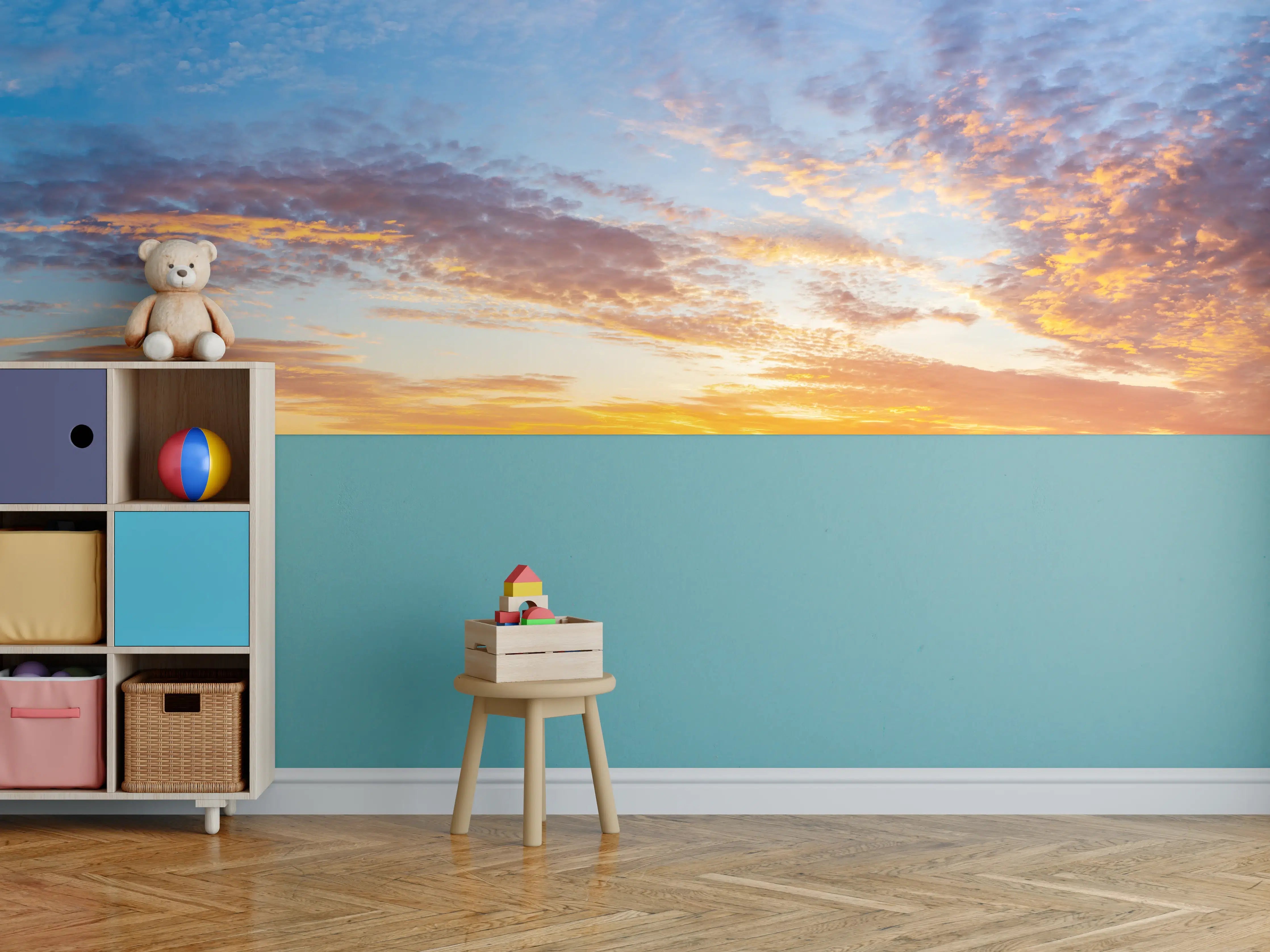 Kinderzimmer Wandgestaltung - Sonnenuntergang Panorama Blau-Orange