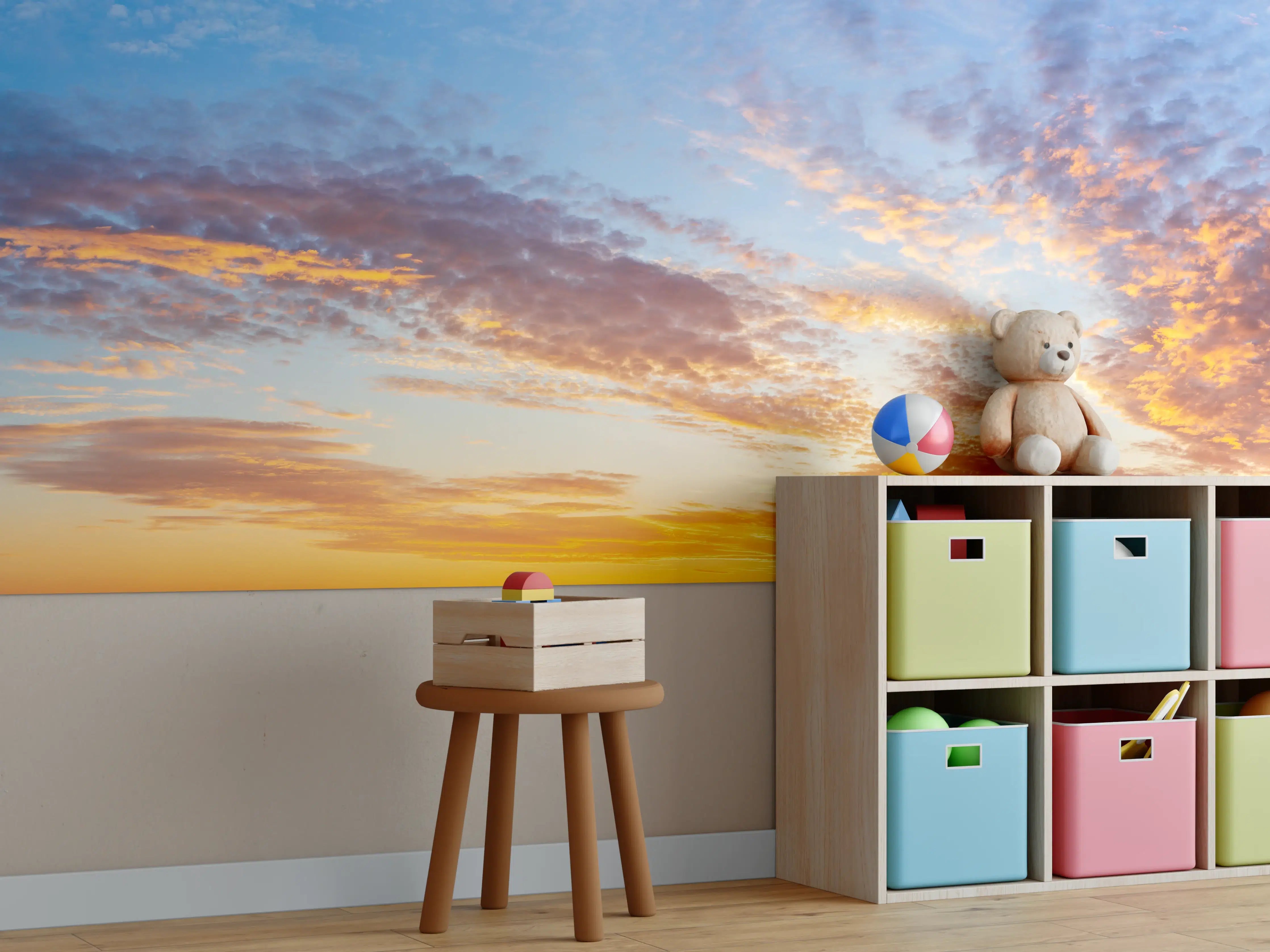 Kinderzimmer Wandgestaltung - Sonnenuntergang Panorama Blau-Orange