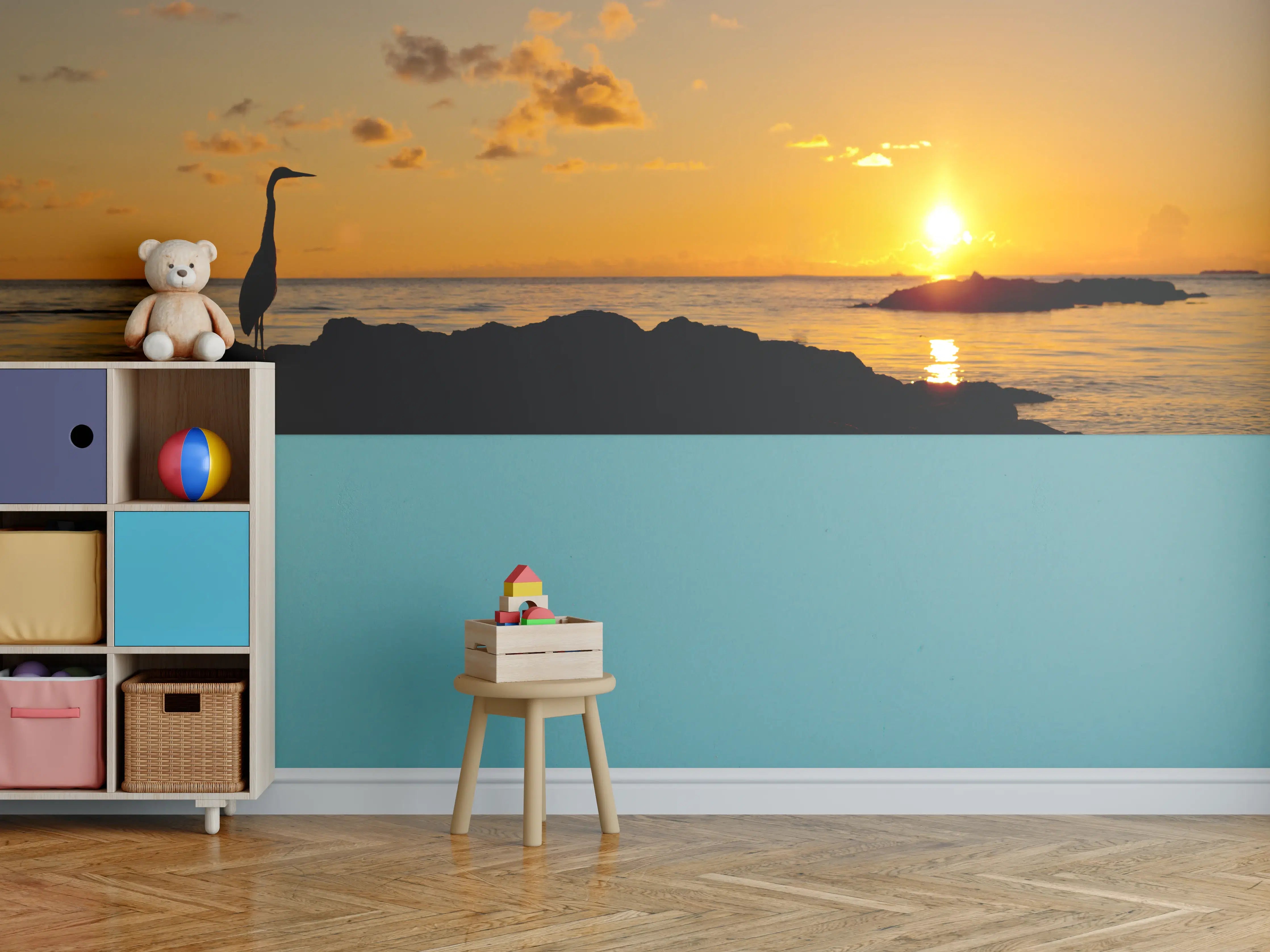 Kinderzimmer Wandgestaltung - Sonnenuntergang am Meer mit Vogel-Silhouette