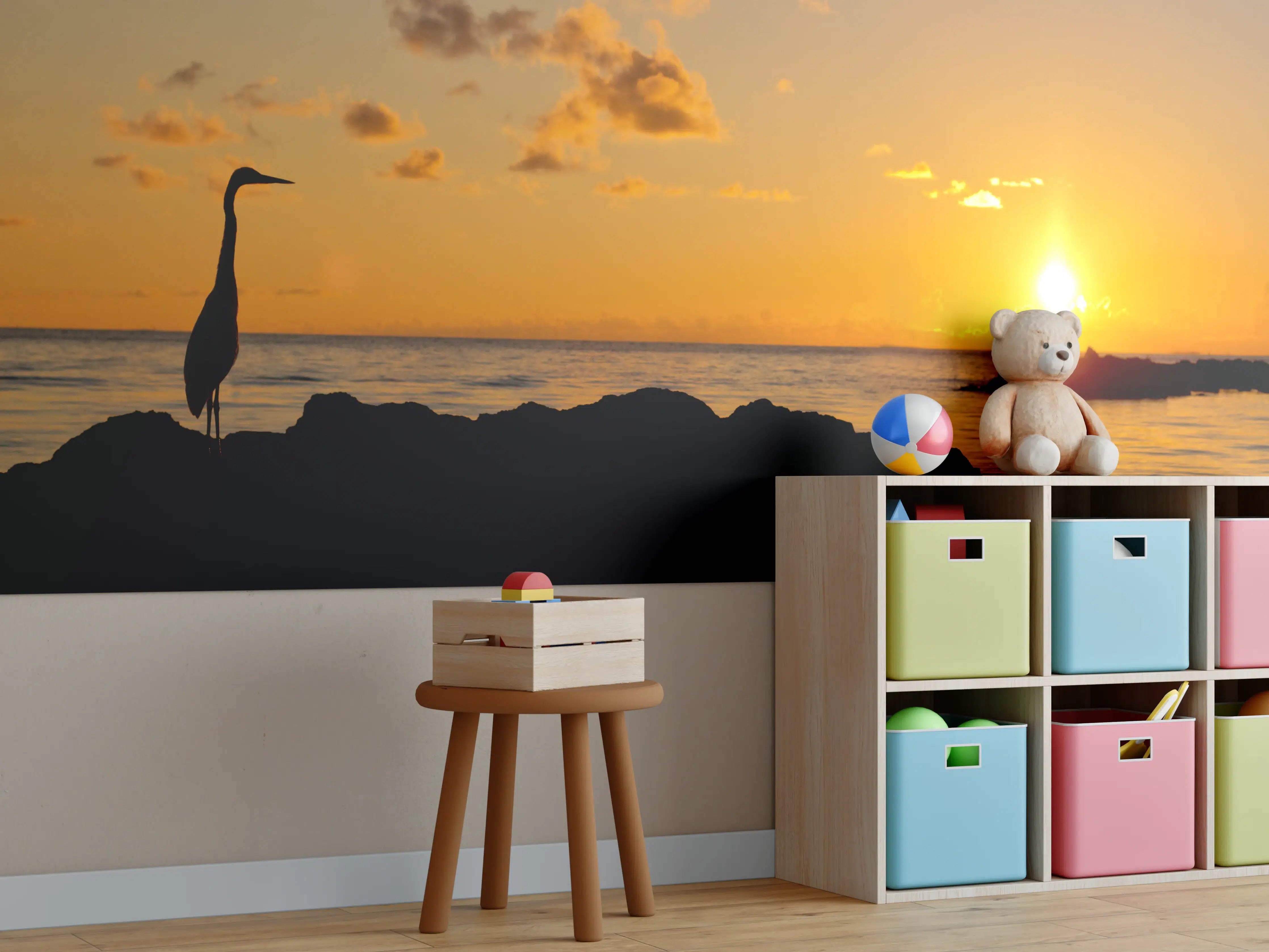 Kinderzimmer Wandgestaltung - Sonnenuntergang am Meer mit Vogel-Silhouette