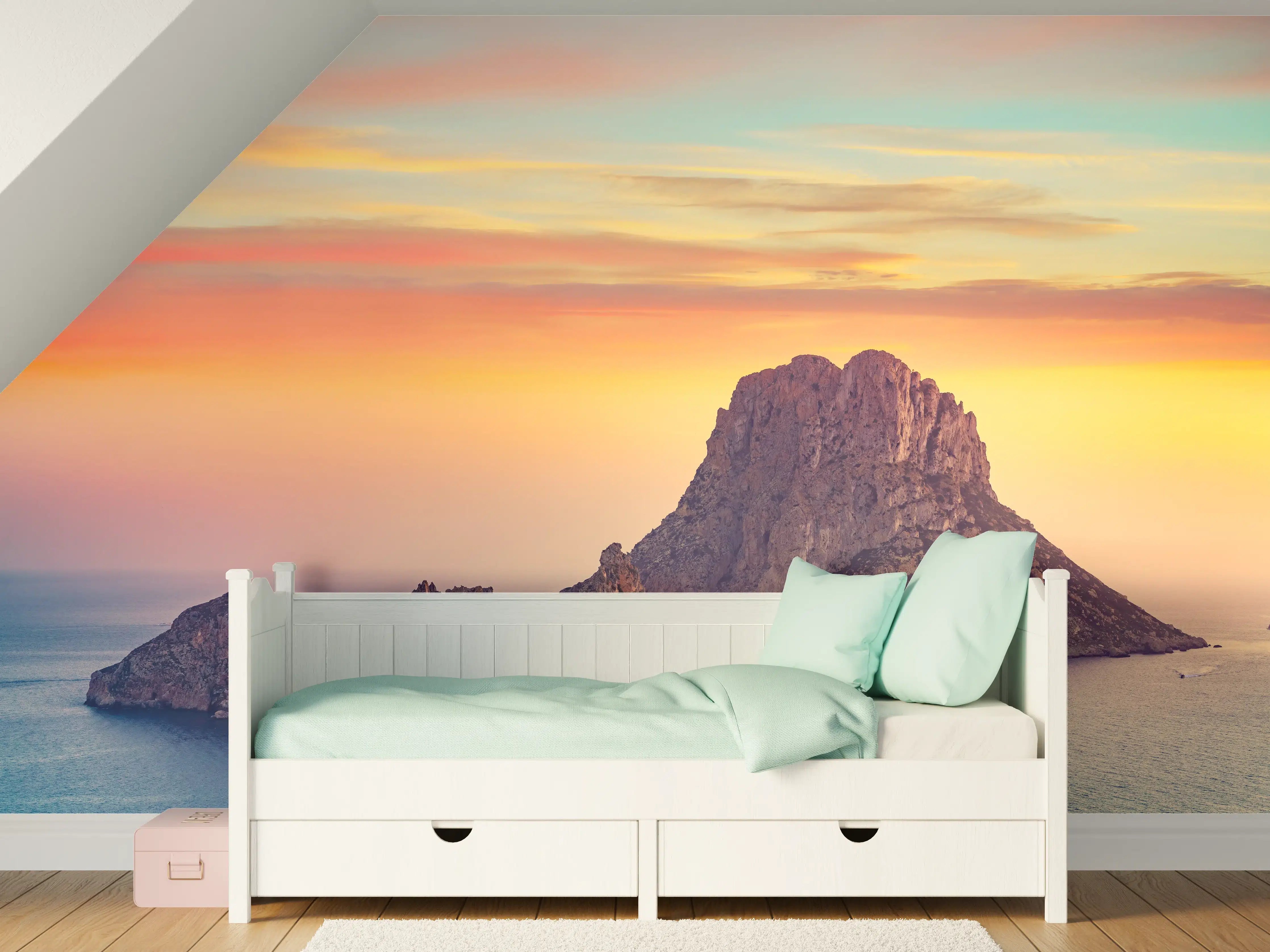 Kinderzimmer Wandgestaltung - Sonnenuntergang auf der Insel Es Vedra auf den Balearen