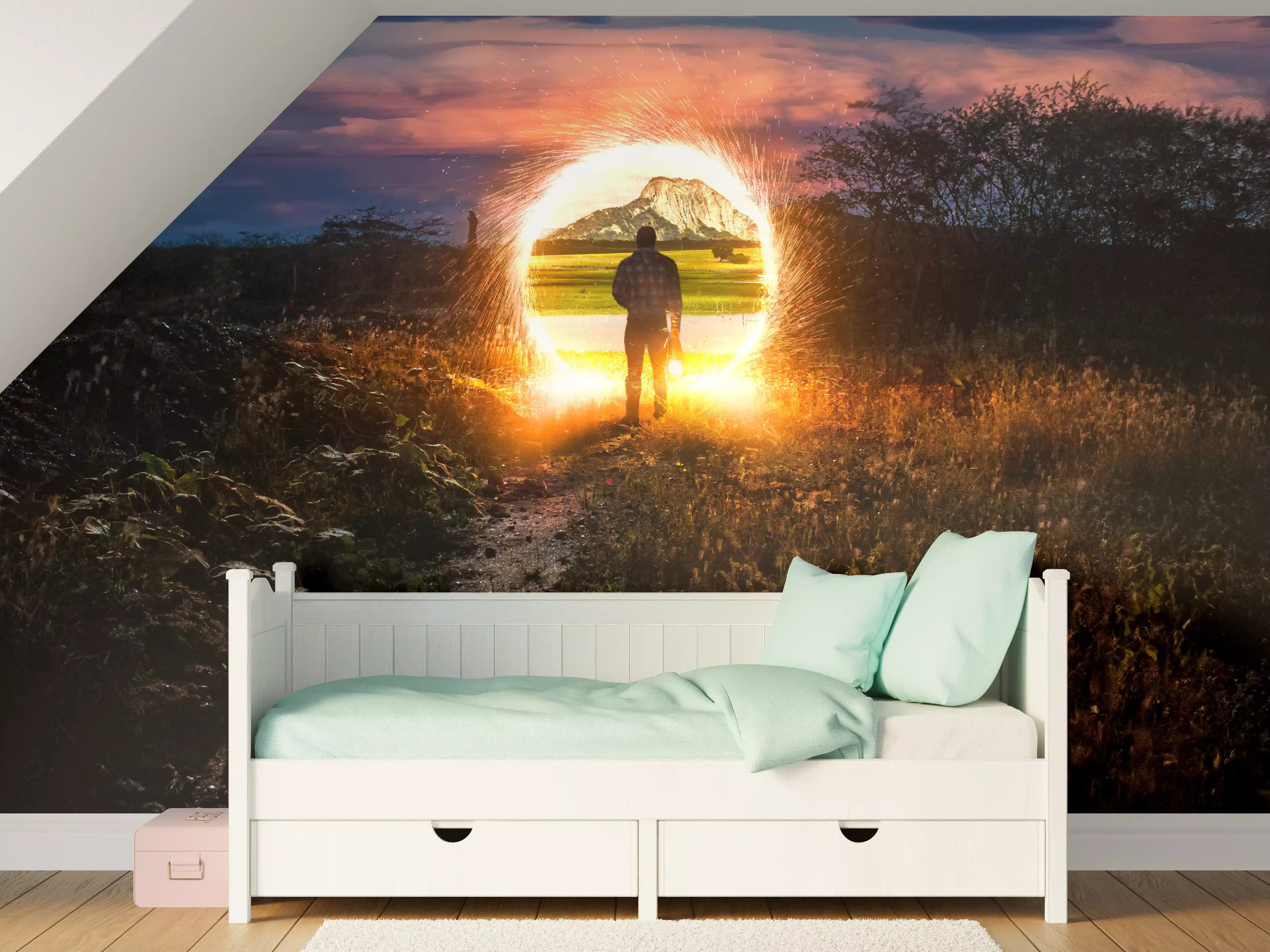 Kinderzimmer Wandgestaltung - Sonnenuntergang hinter Tunnel