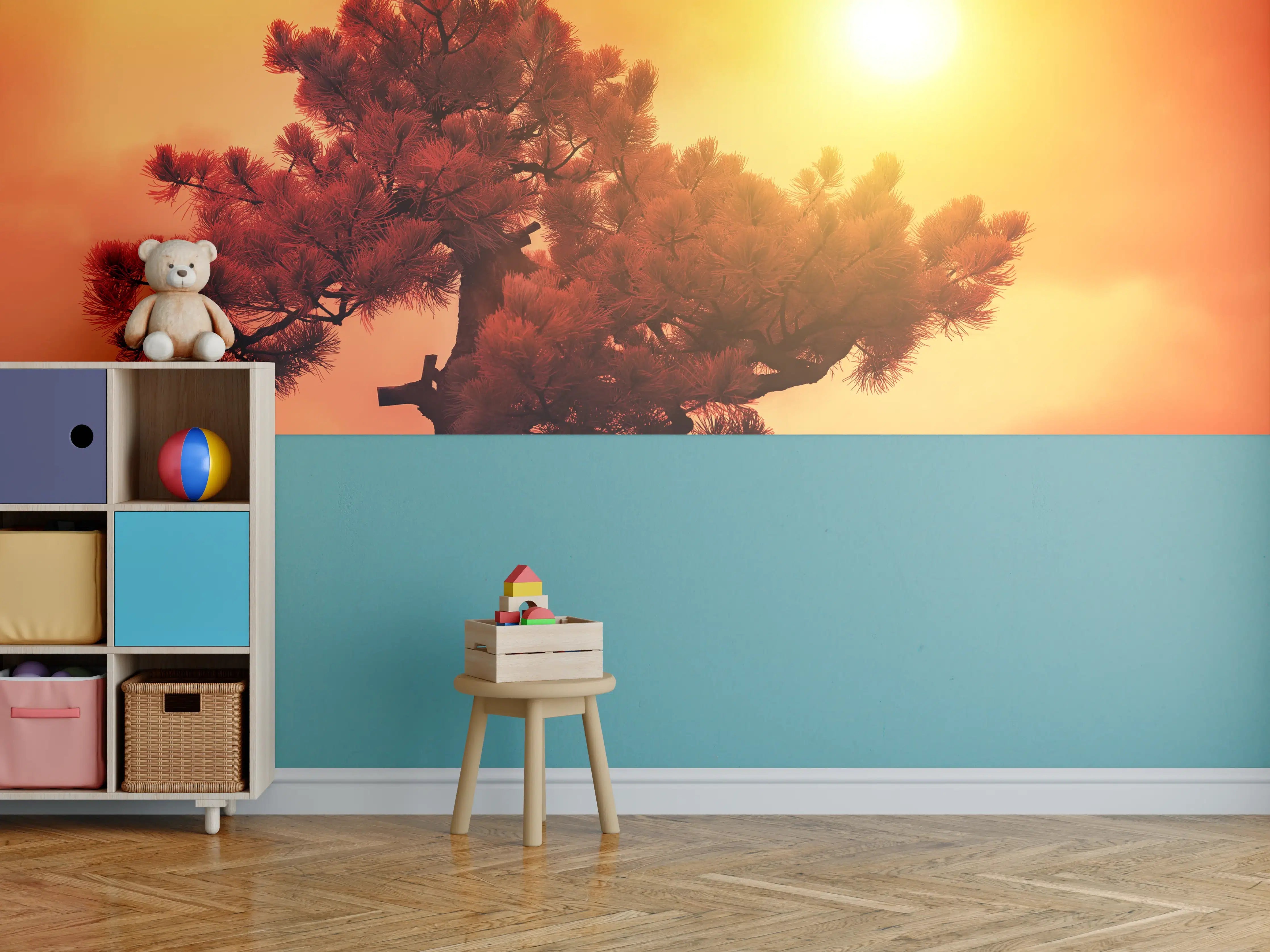 Kinderzimmer Wandgestaltung - Sonnenuntergang hinter einer Baumkrone