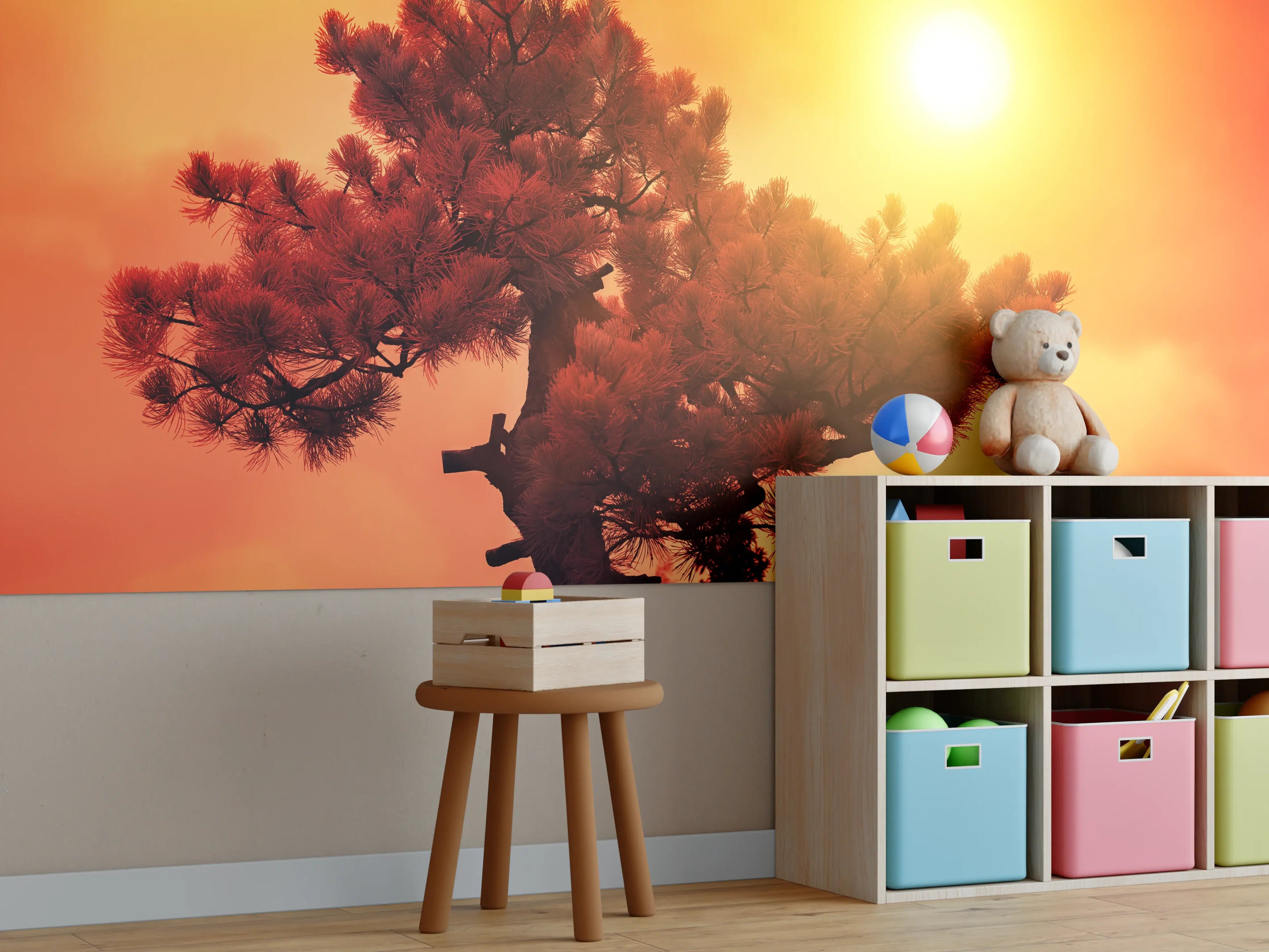 Kinderzimmer Wandgestaltung - Sonnenuntergang hinter einer Baumkrone
