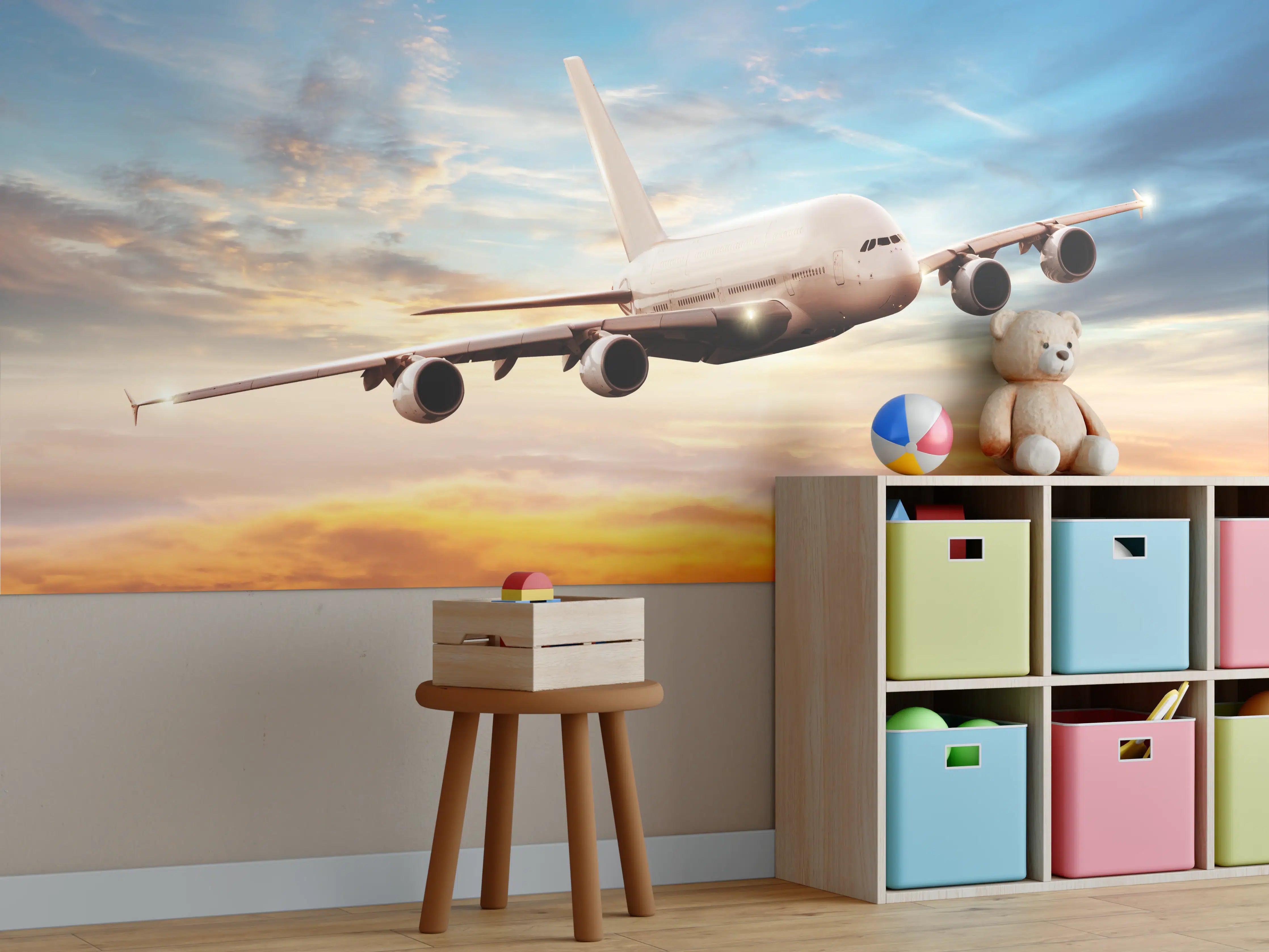Kinderzimmer Wandgestaltung - Sonnenuntergang mit Passagierjet