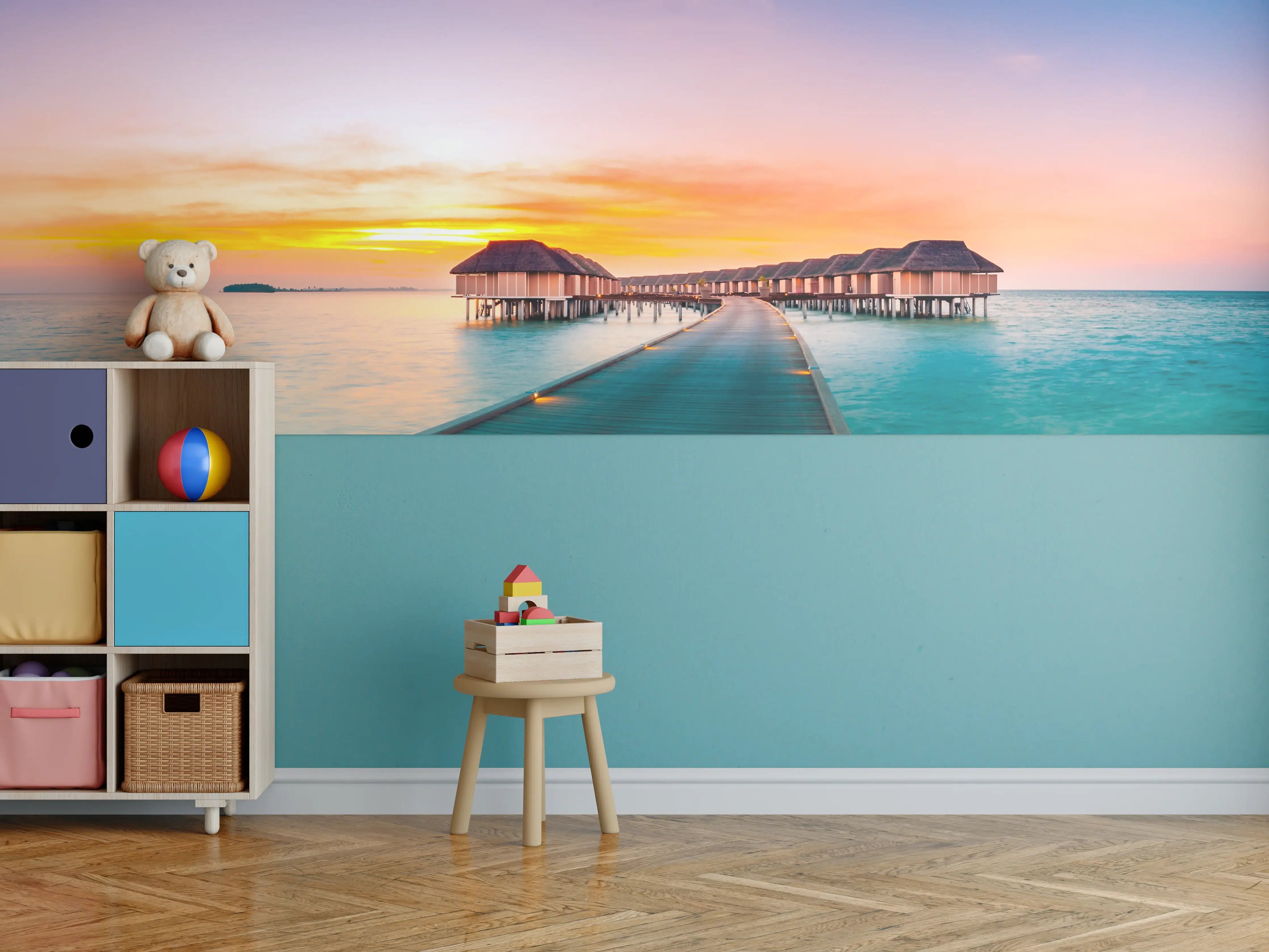 Kinderzimmer Wandgestaltung - Sonnenuntergang über dem Meer mit elegantem Steg