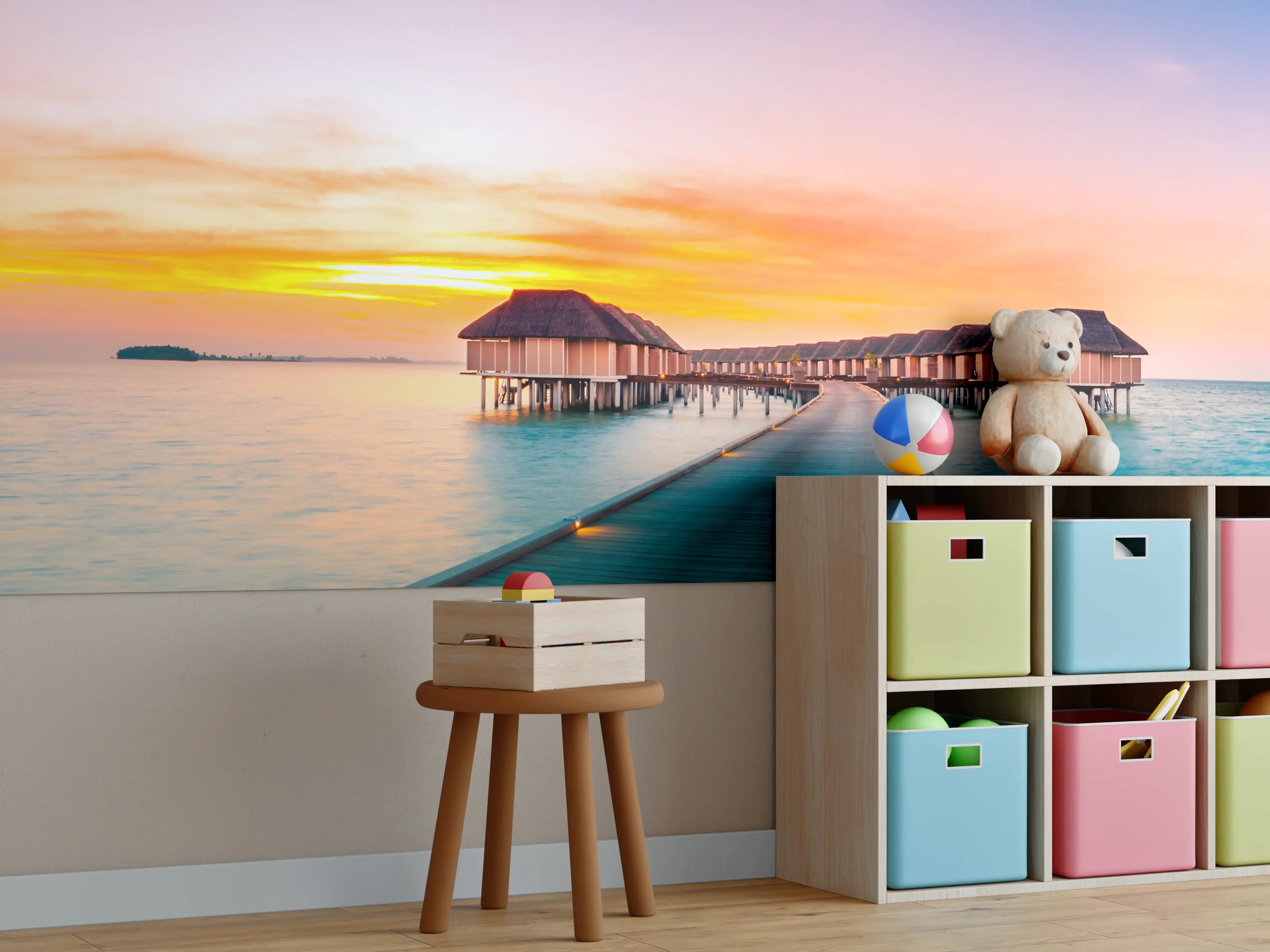 Kinderzimmer Wandgestaltung - Sonnenuntergang über dem Meer mit elegantem Steg