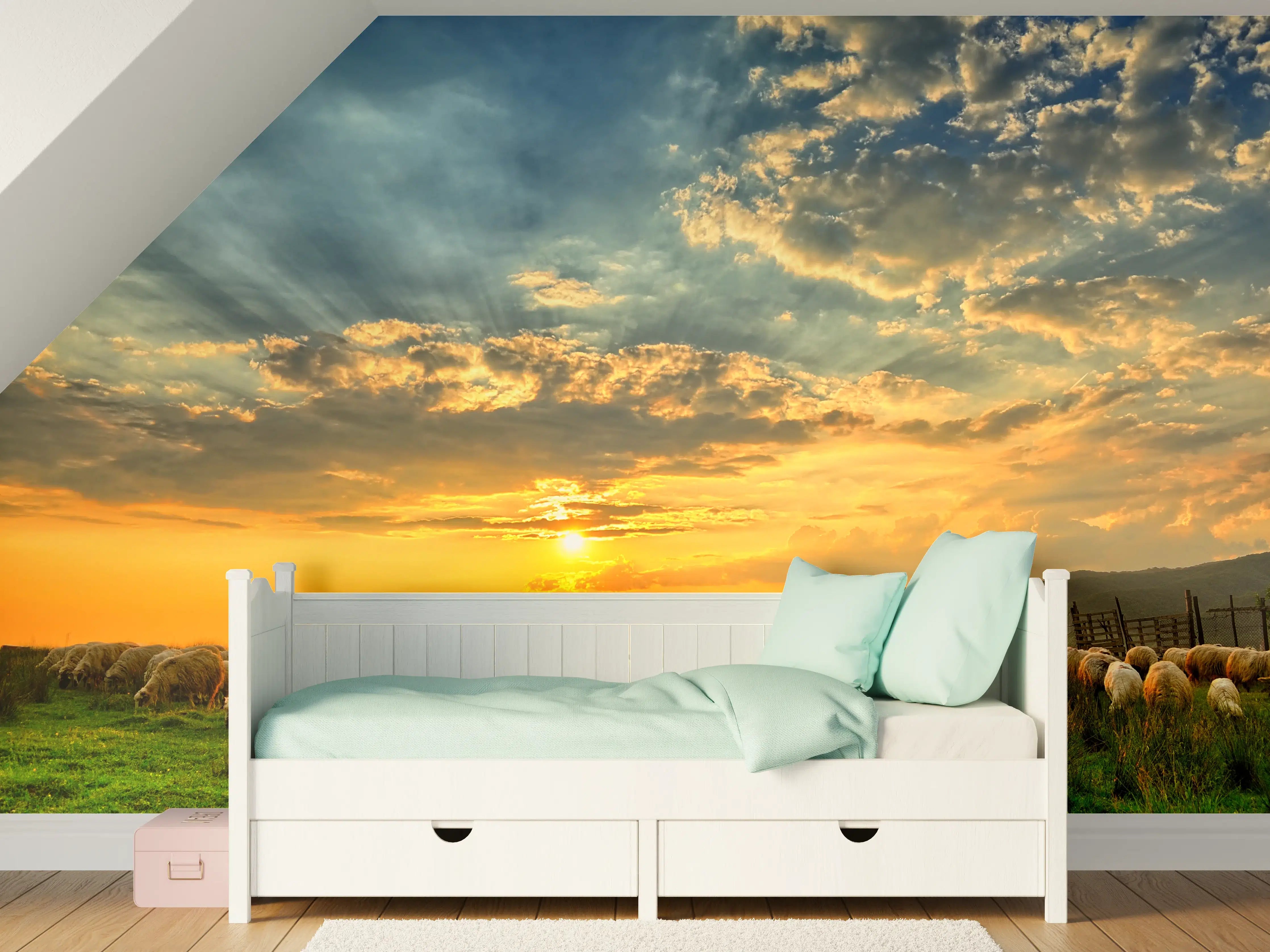Kinderzimmer Wandgestaltung - Sonnenuntergang über weidenden Schafe