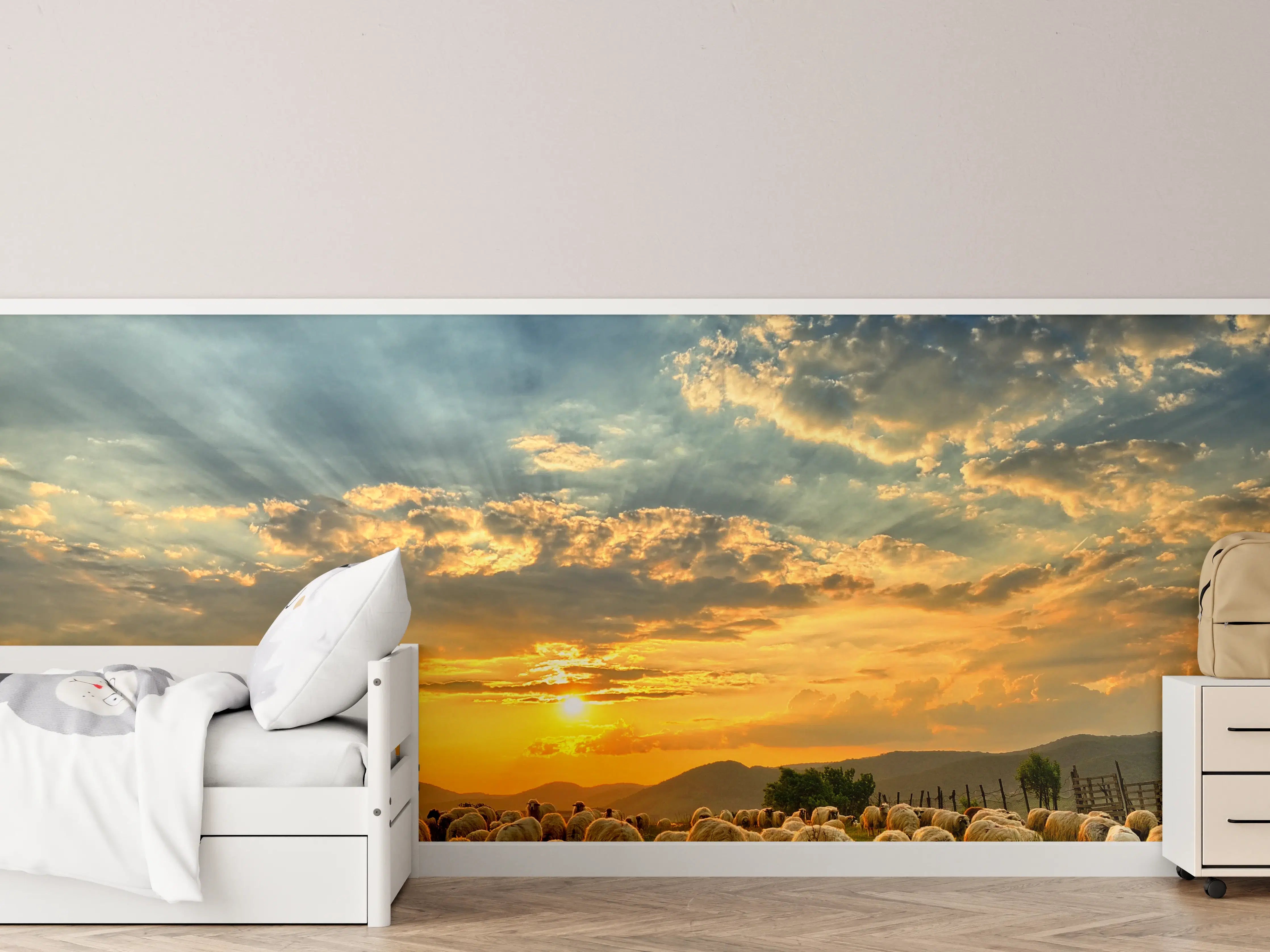 Kinderzimmer Wandgestaltung - Sonnenuntergang über weidenden Schafe