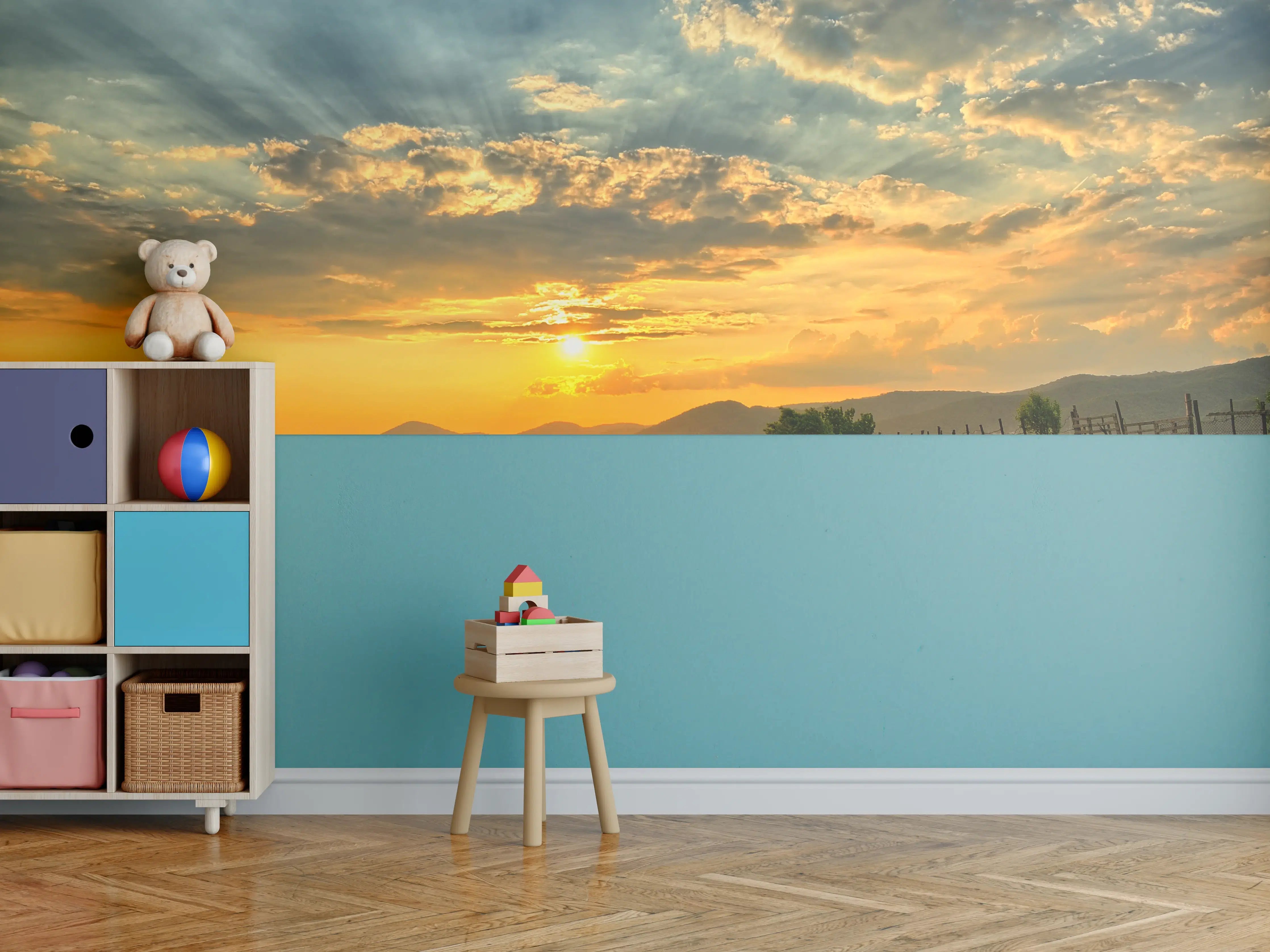 Kinderzimmer Wandgestaltung - Sonnenuntergang über weidenden Schafe