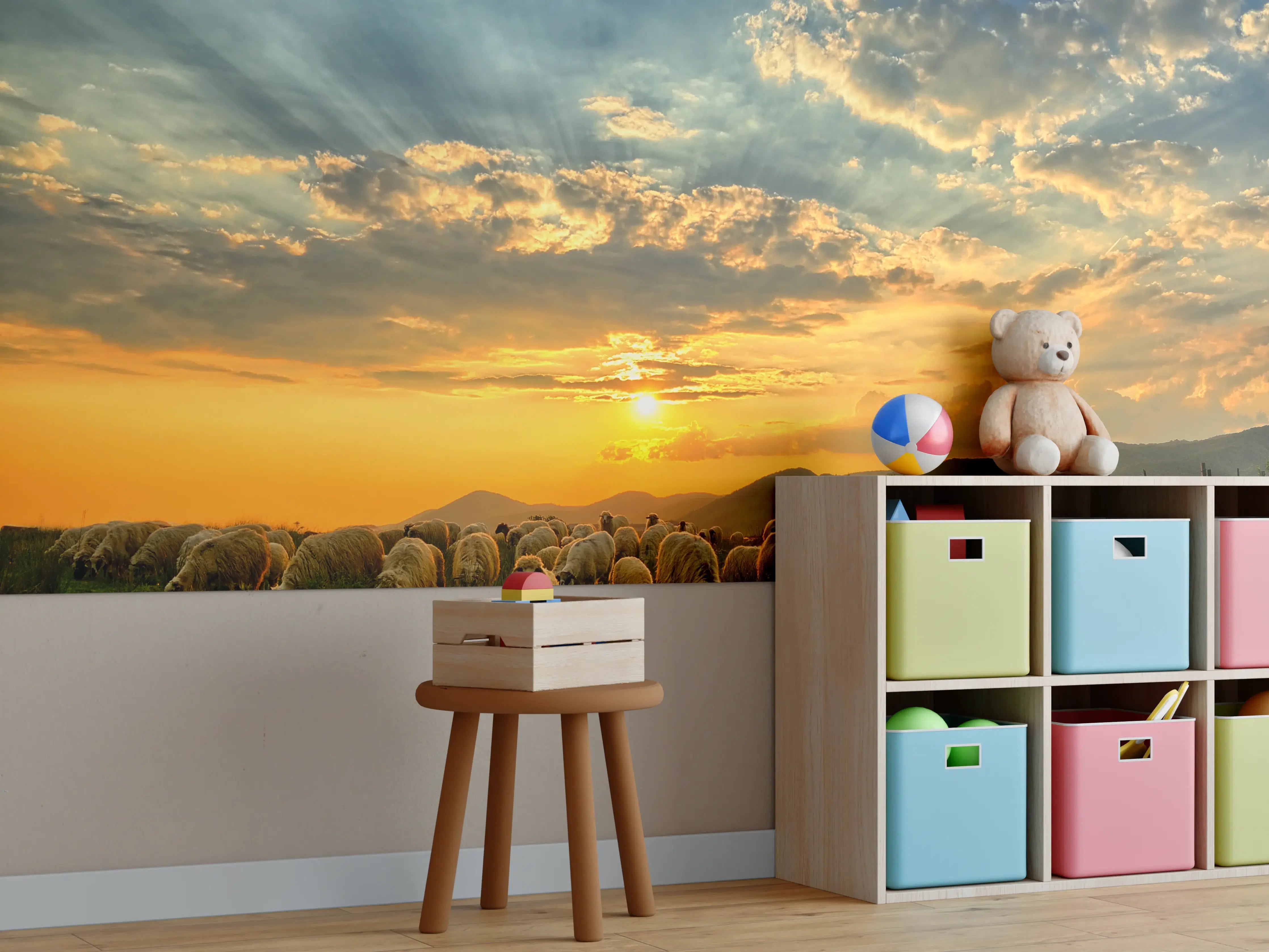 Kinderzimmer Wandgestaltung - Sonnenuntergang über weidenden Schafe
