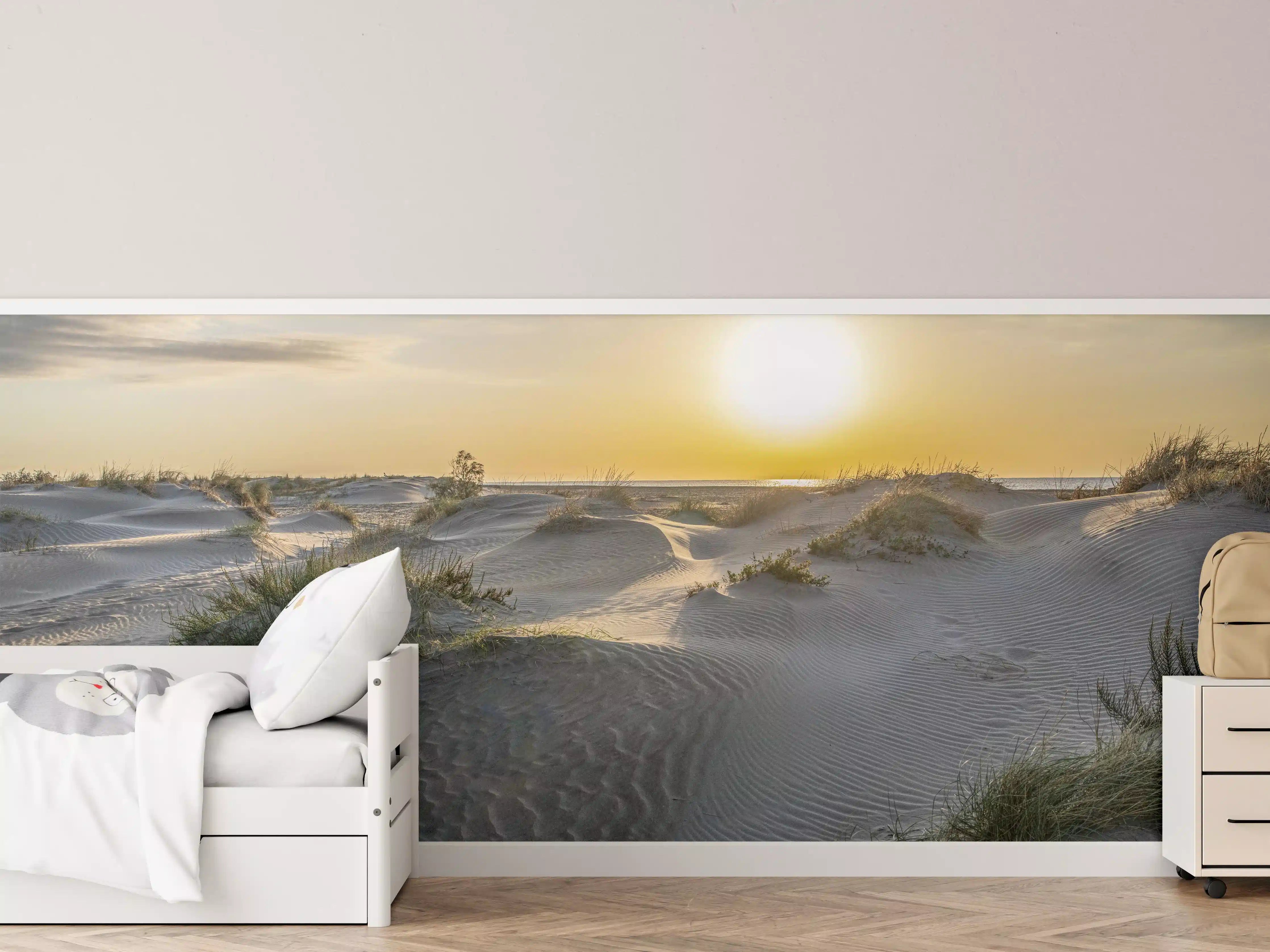 Kinderzimmer Wandgestaltung - Sonniger Strand bei Sonnenuntergang mit Dünen