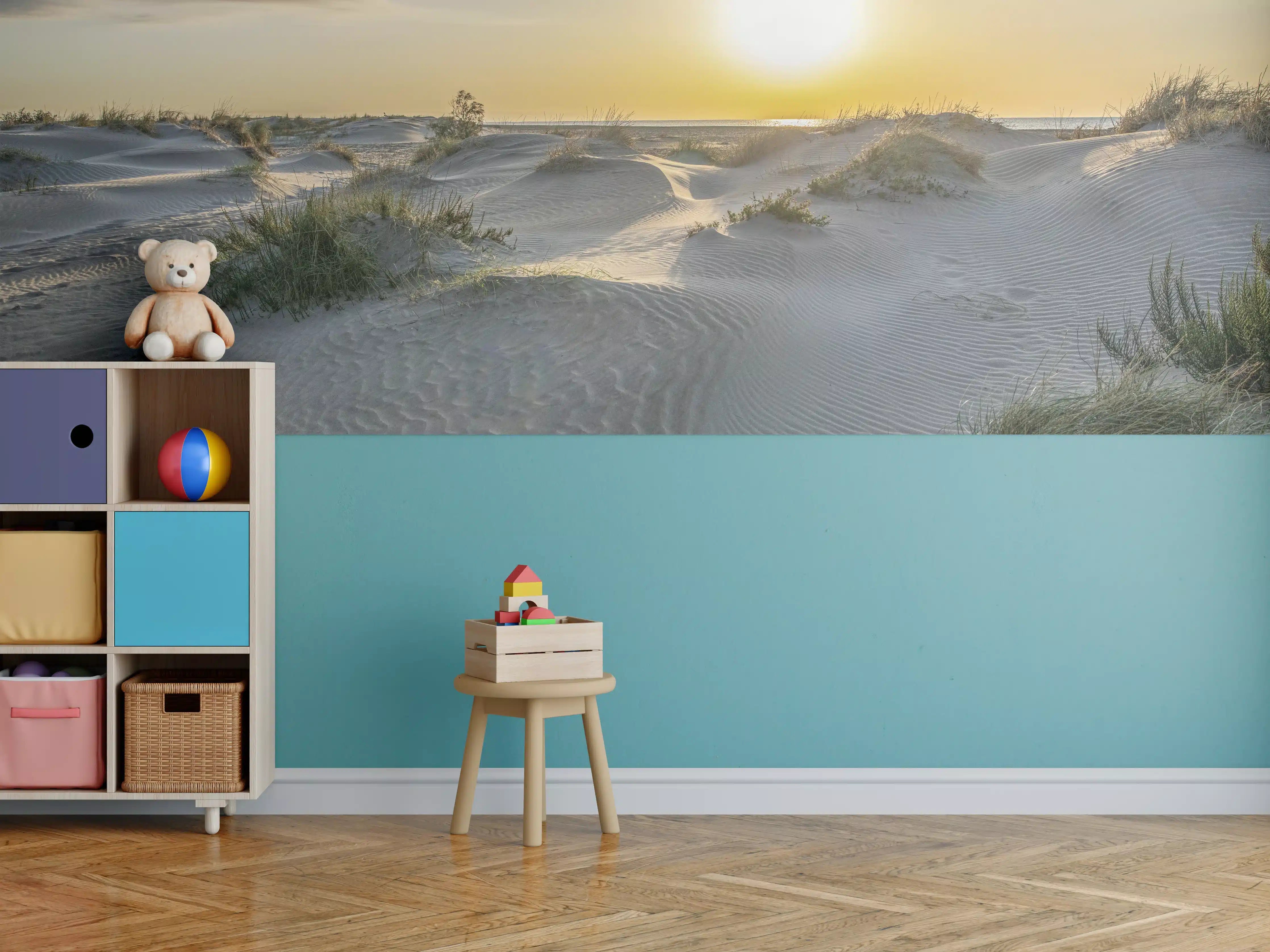 Kinderzimmer Wandgestaltung - Sonniger Strand bei Sonnenuntergang mit Dünen