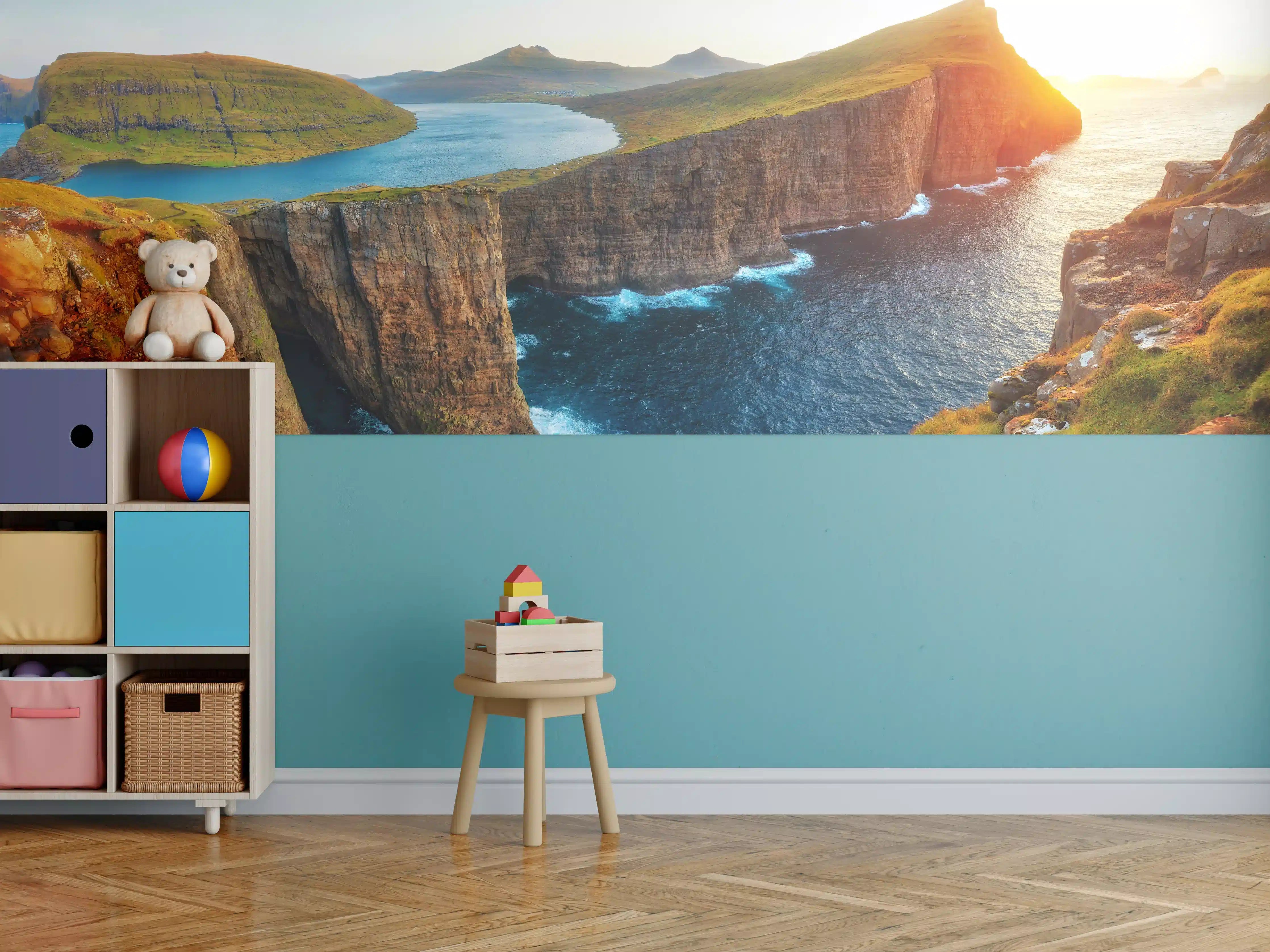 Kinderzimmer Wandgestaltung - Sorvagsvatn See und mit Wasserfall ins Meer an der Färöer