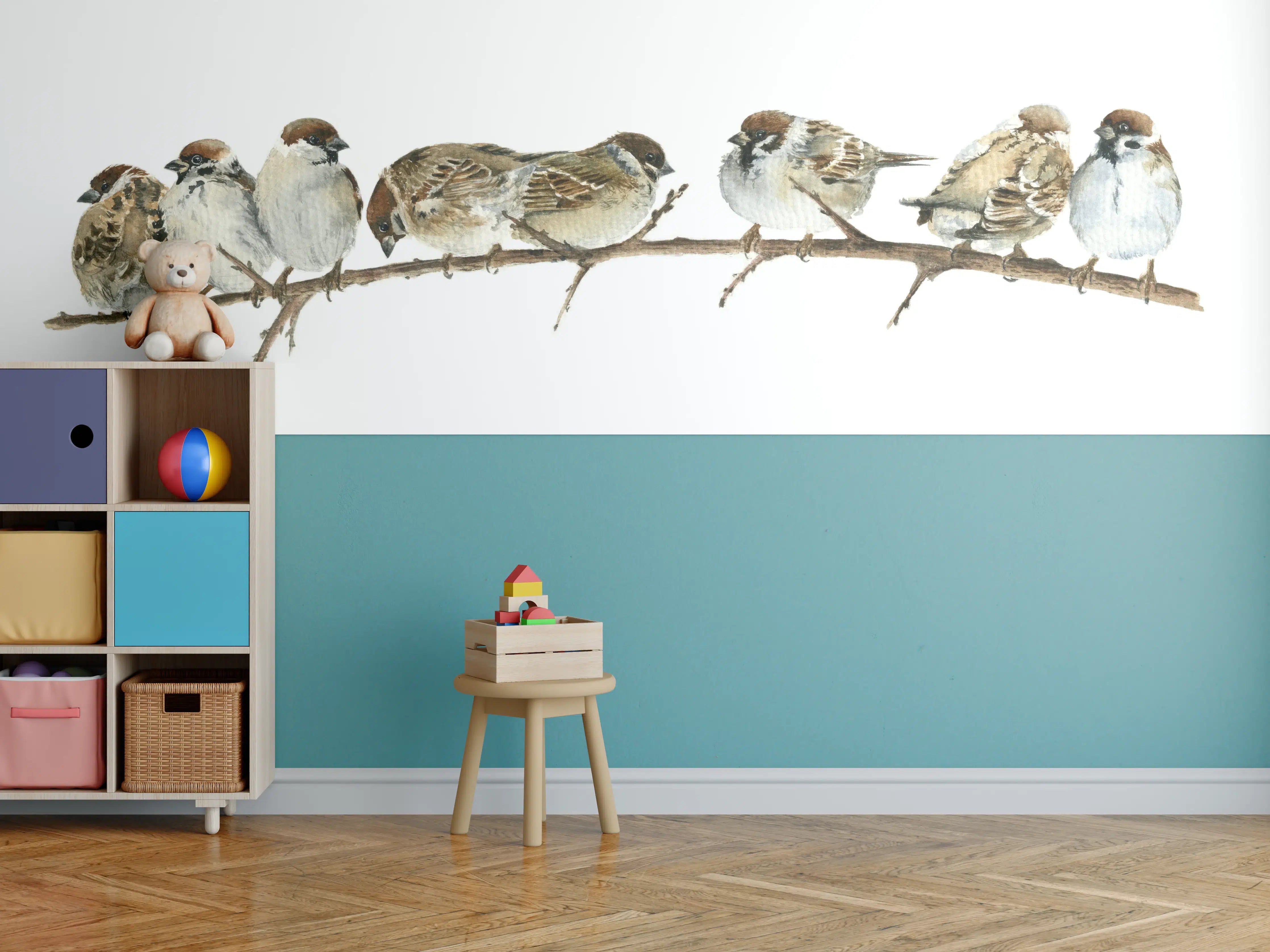 Kinderzimmer Wandgestaltung - Spatzen auf einem Zweig