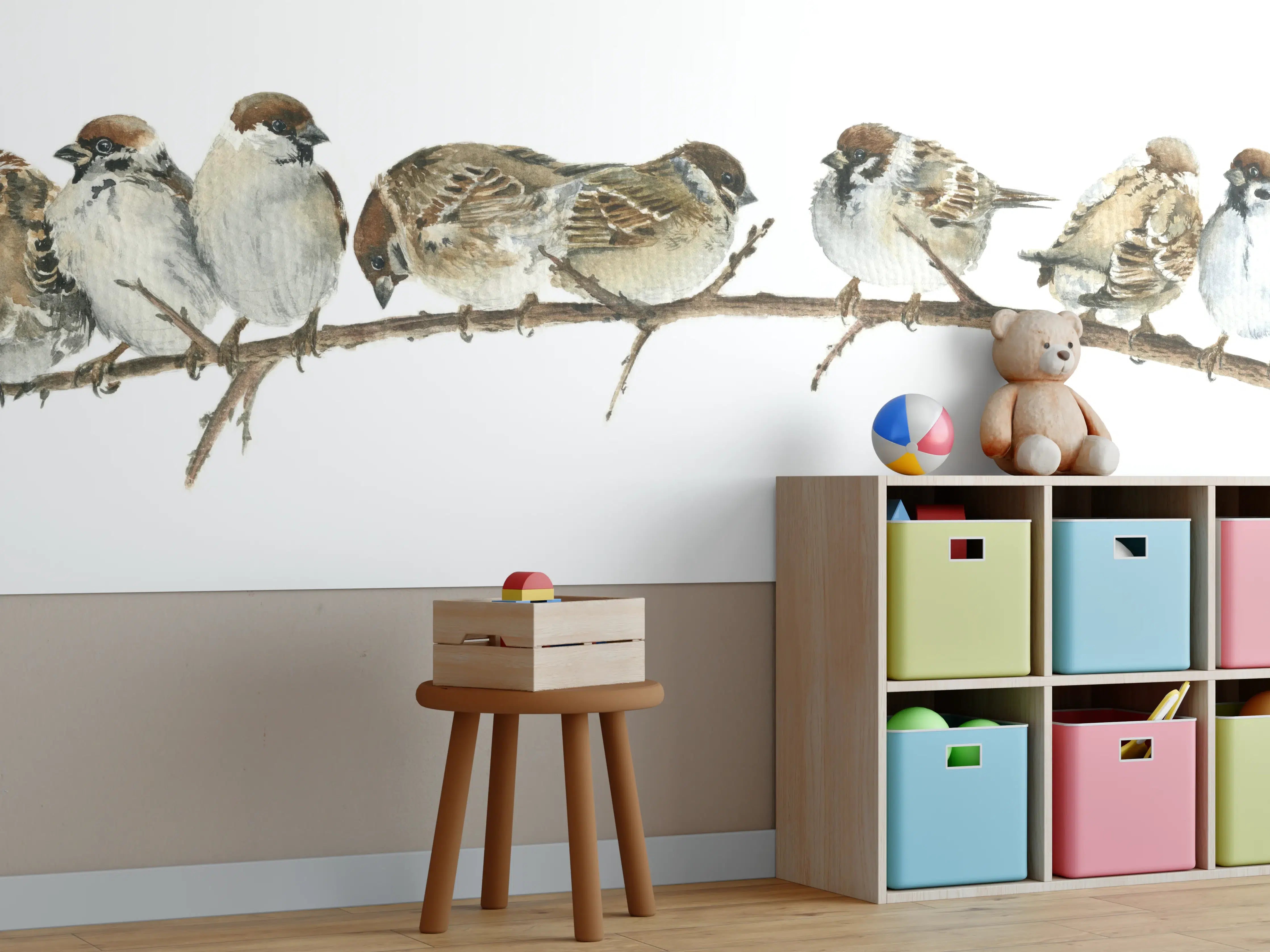Kinderzimmer Wandgestaltung - Spatzen auf einem Zweig