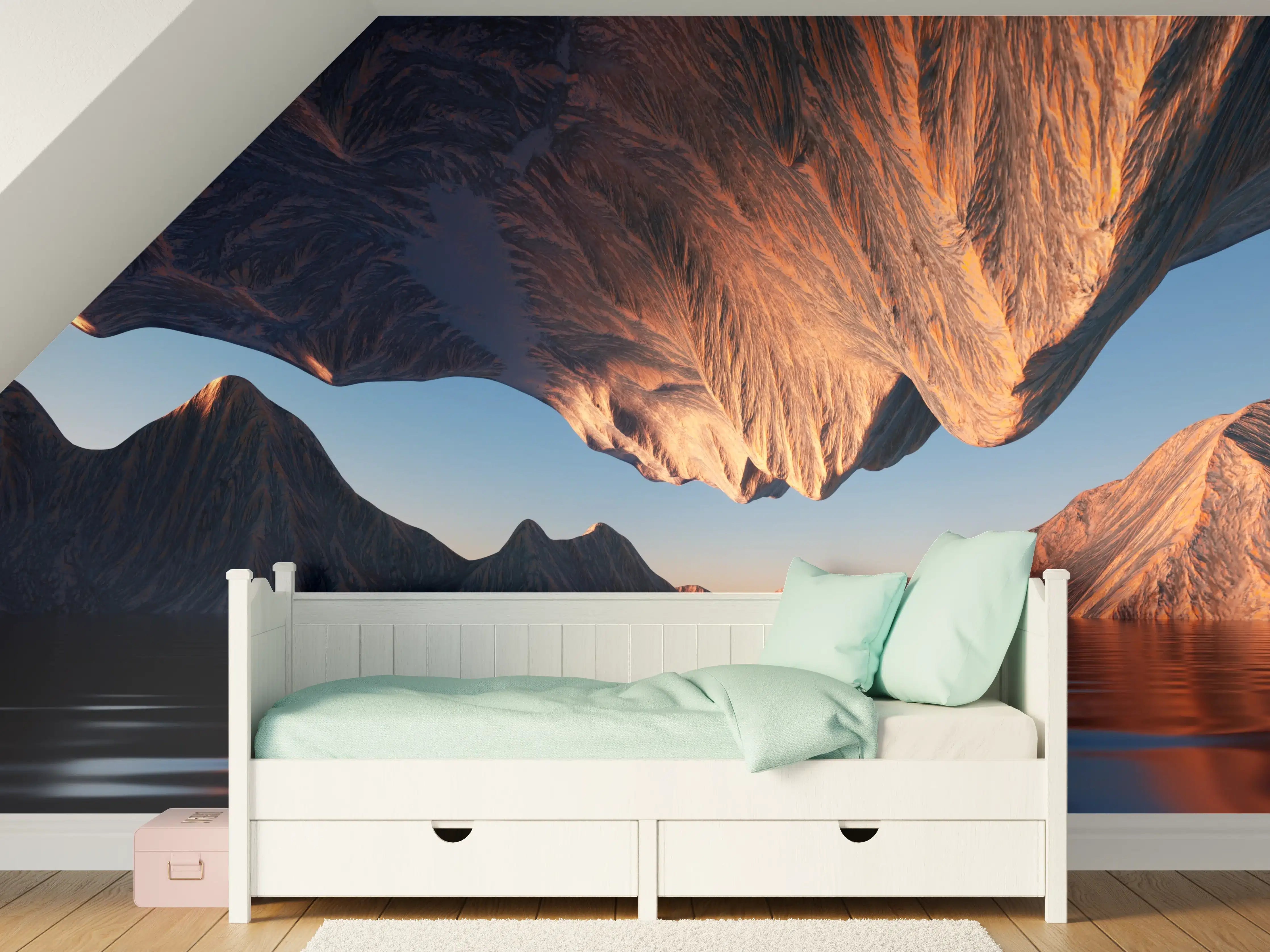 Kinderzimmer Wandgestaltung - Spektakuläre Berg- und Wasserlandschaft bei Sonnenuntergang