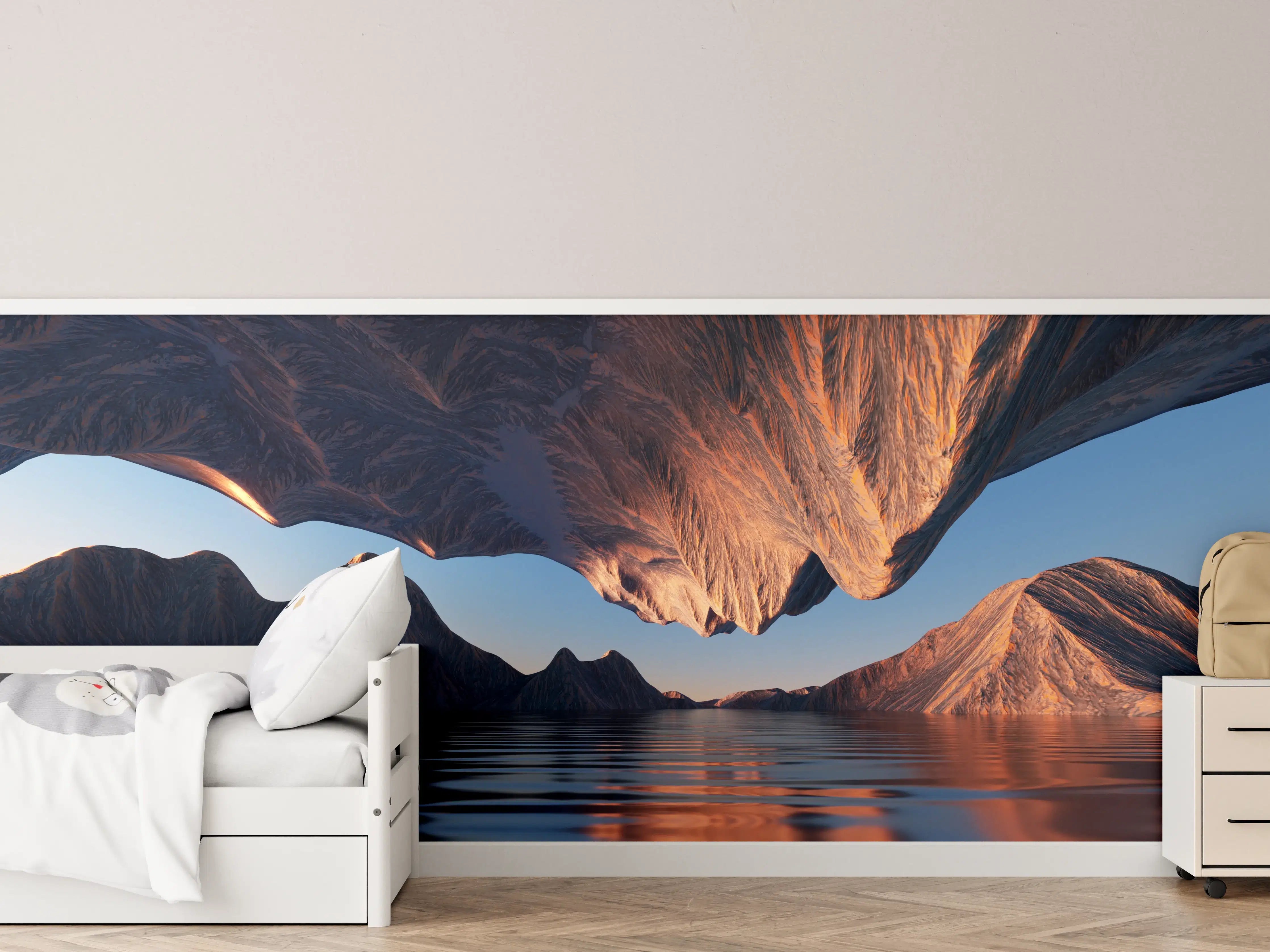 Kinderzimmer Wandgestaltung - Spektakuläre Berg- und Wasserlandschaft bei Sonnenuntergang
