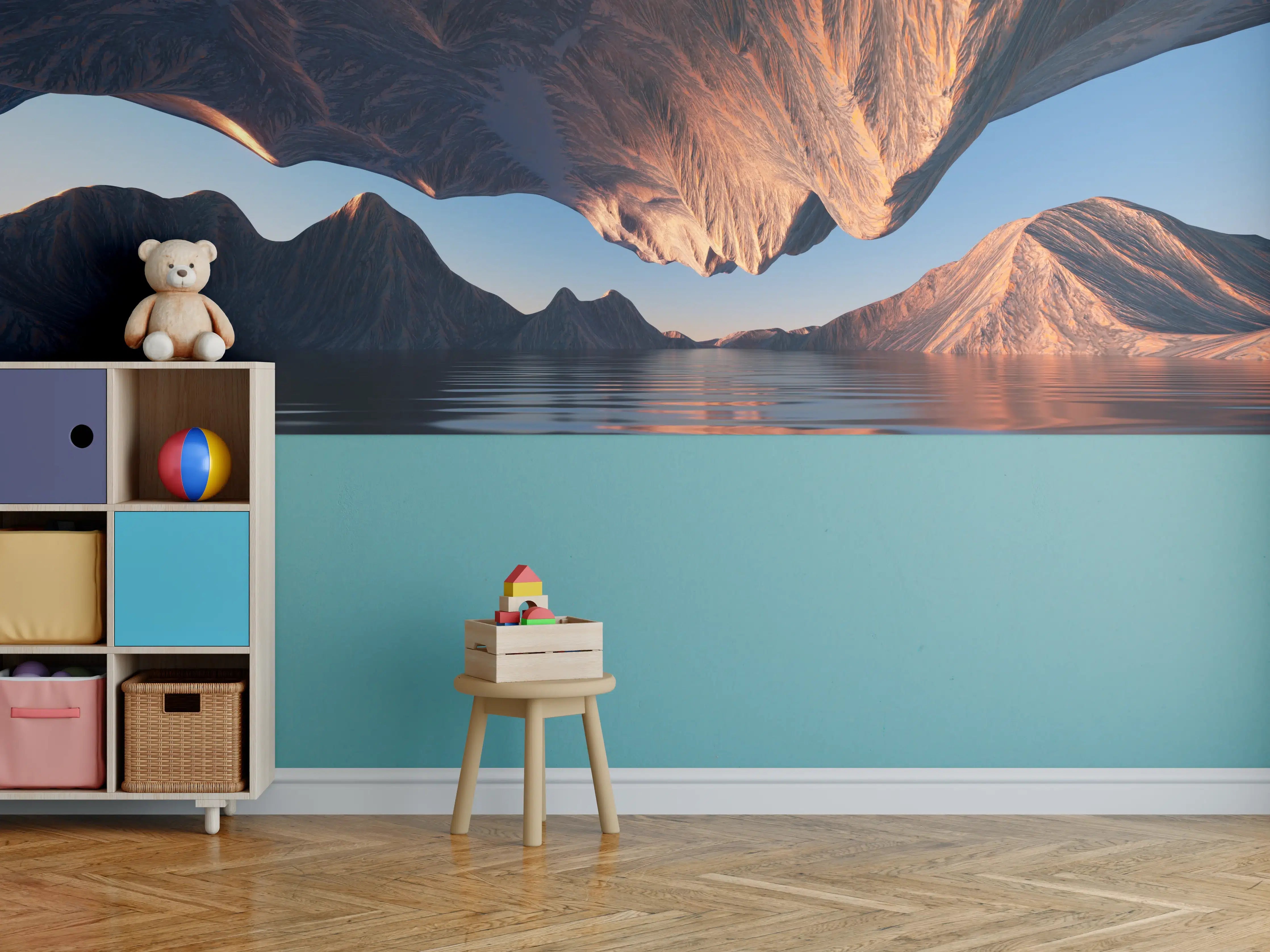 Kinderzimmer Wandgestaltung - Spektakuläre Berg- und Wasserlandschaft bei Sonnenuntergang