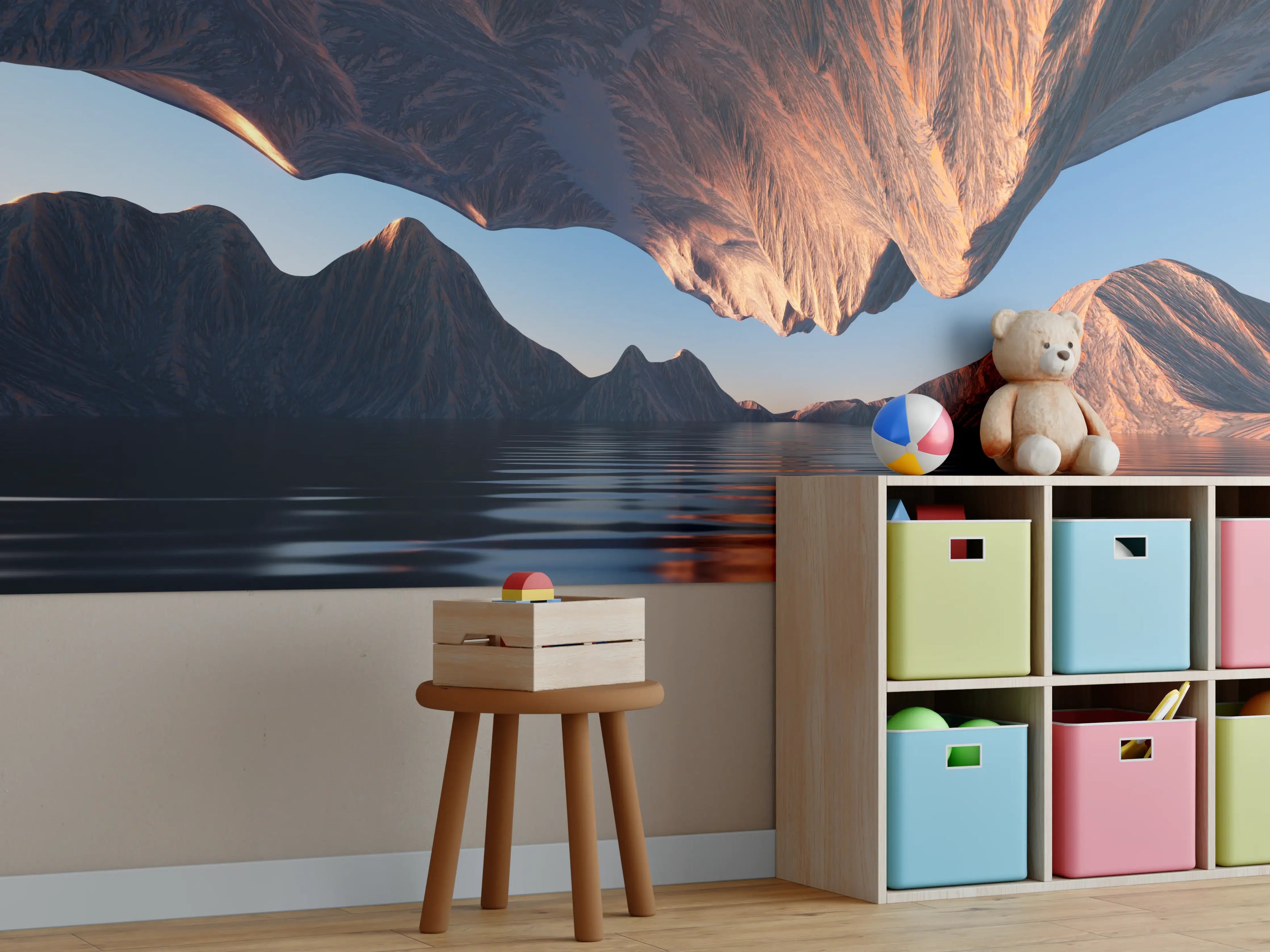 Kinderzimmer Wandgestaltung - Spektakuläre Berg- und Wasserlandschaft bei Sonnenuntergang