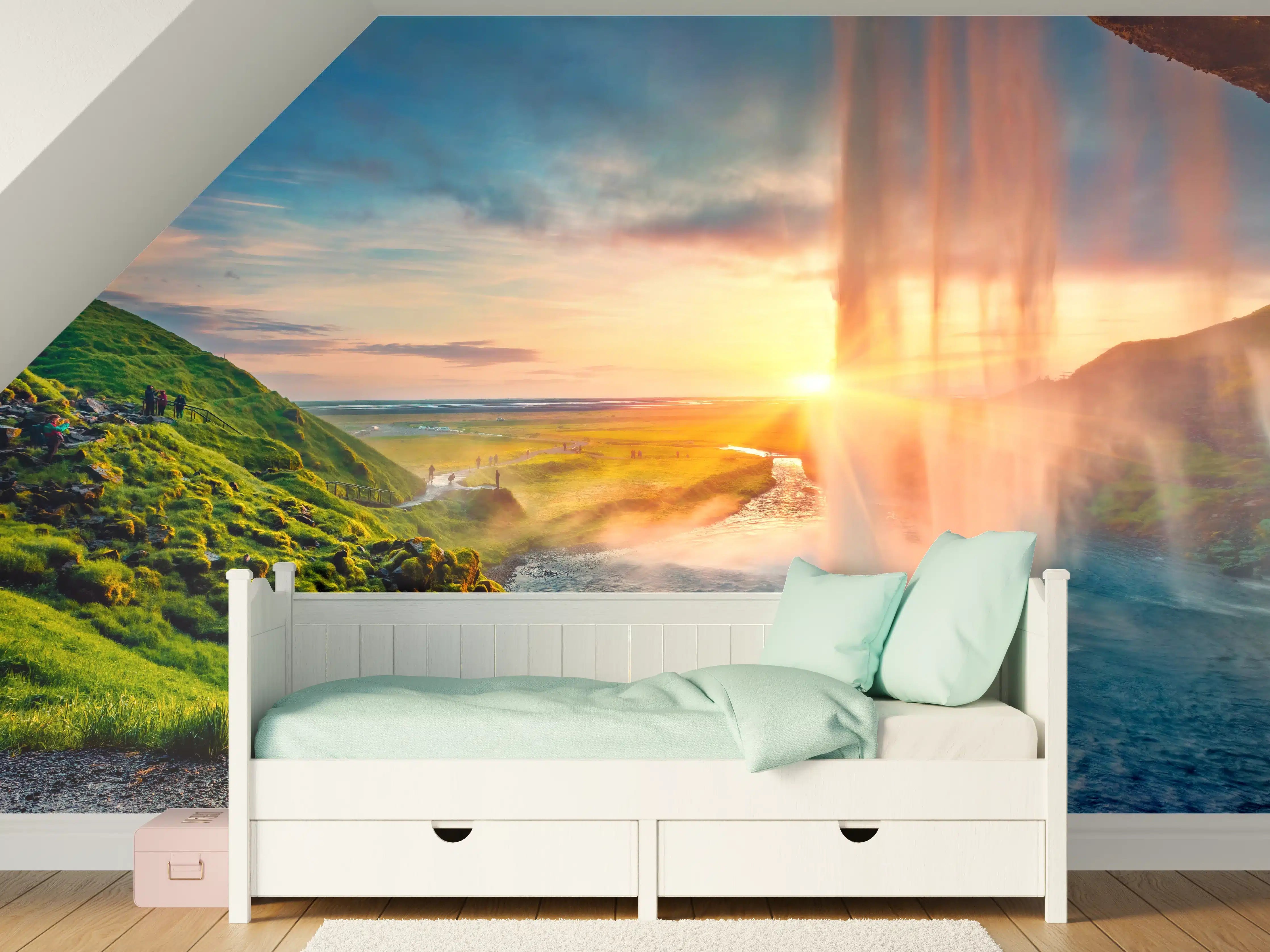 Kinderzimmer Wandgestaltung - Spektakulärer Sonnenuntergang am Wasserfall Seljalandsfoss
