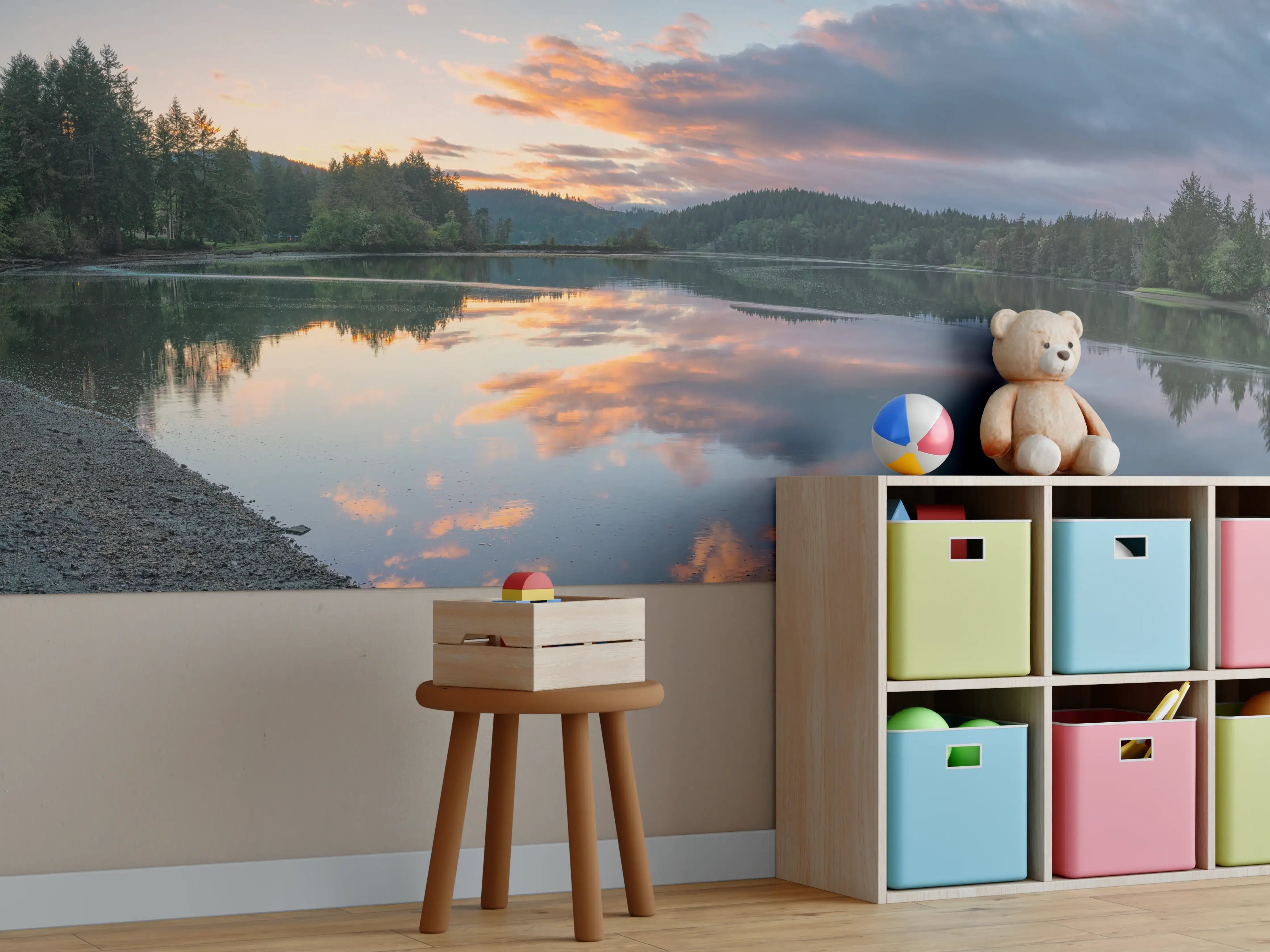 Kinderzimmer Wandgestaltung - Spiegelnder See im Sonnenuntergang