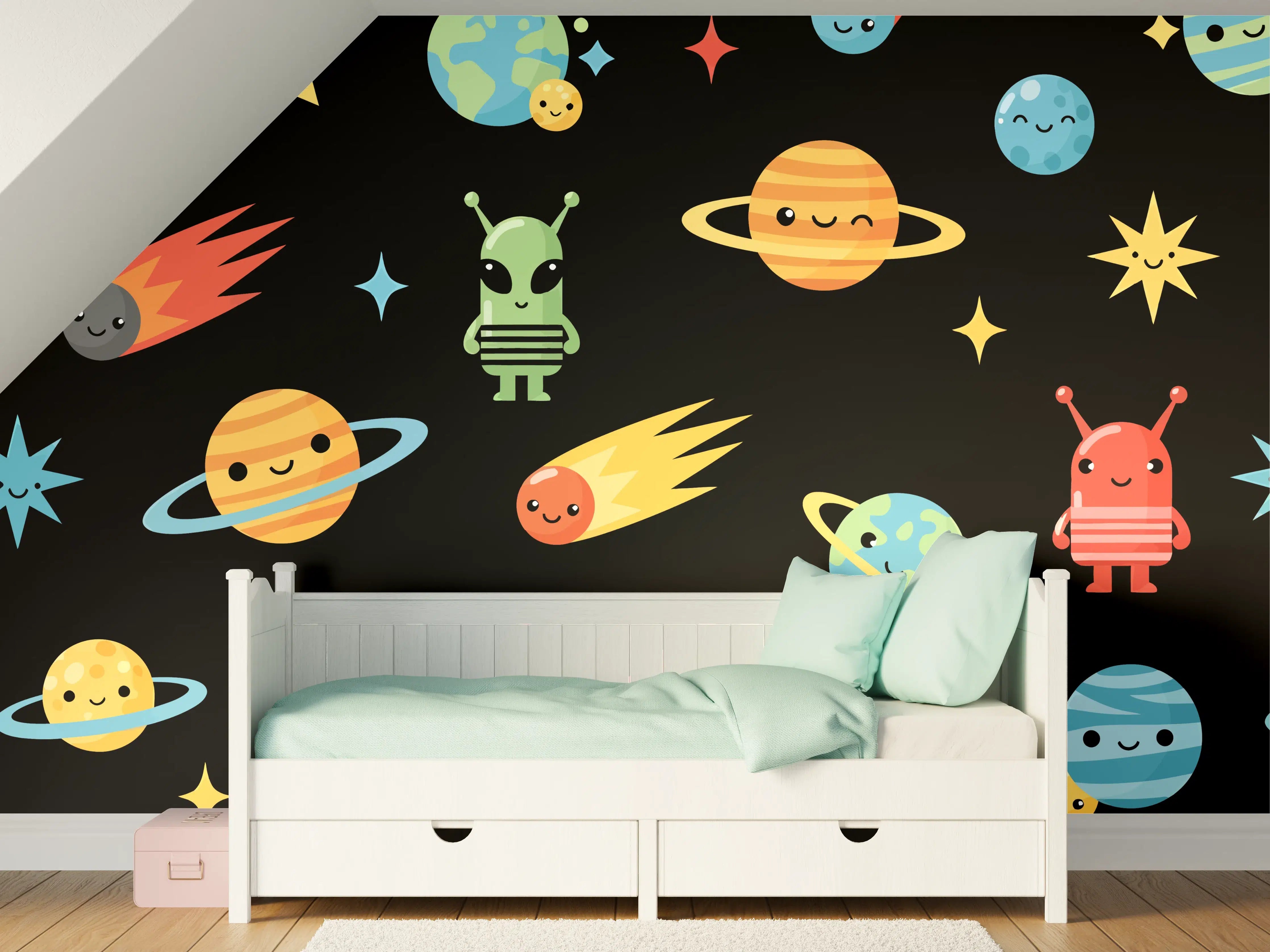 Kinderzimmer Wandgestaltung - Spielerische Planetenzuordnung mit niedlichen Weltraummotiven