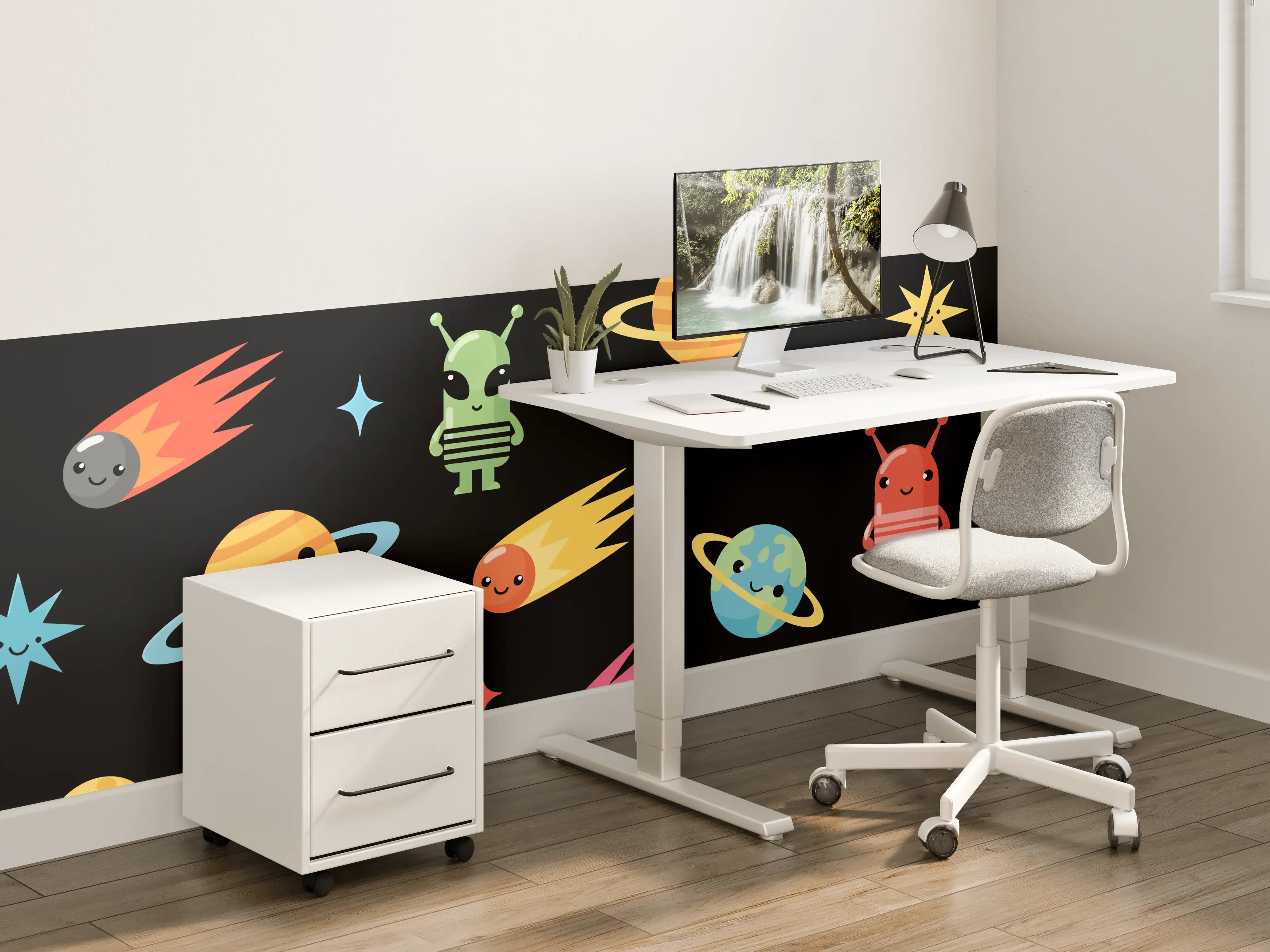 Kinderzimmer Wandgestaltung - Spielerische Planetenzuordnung mit niedlichen Weltraummotiven