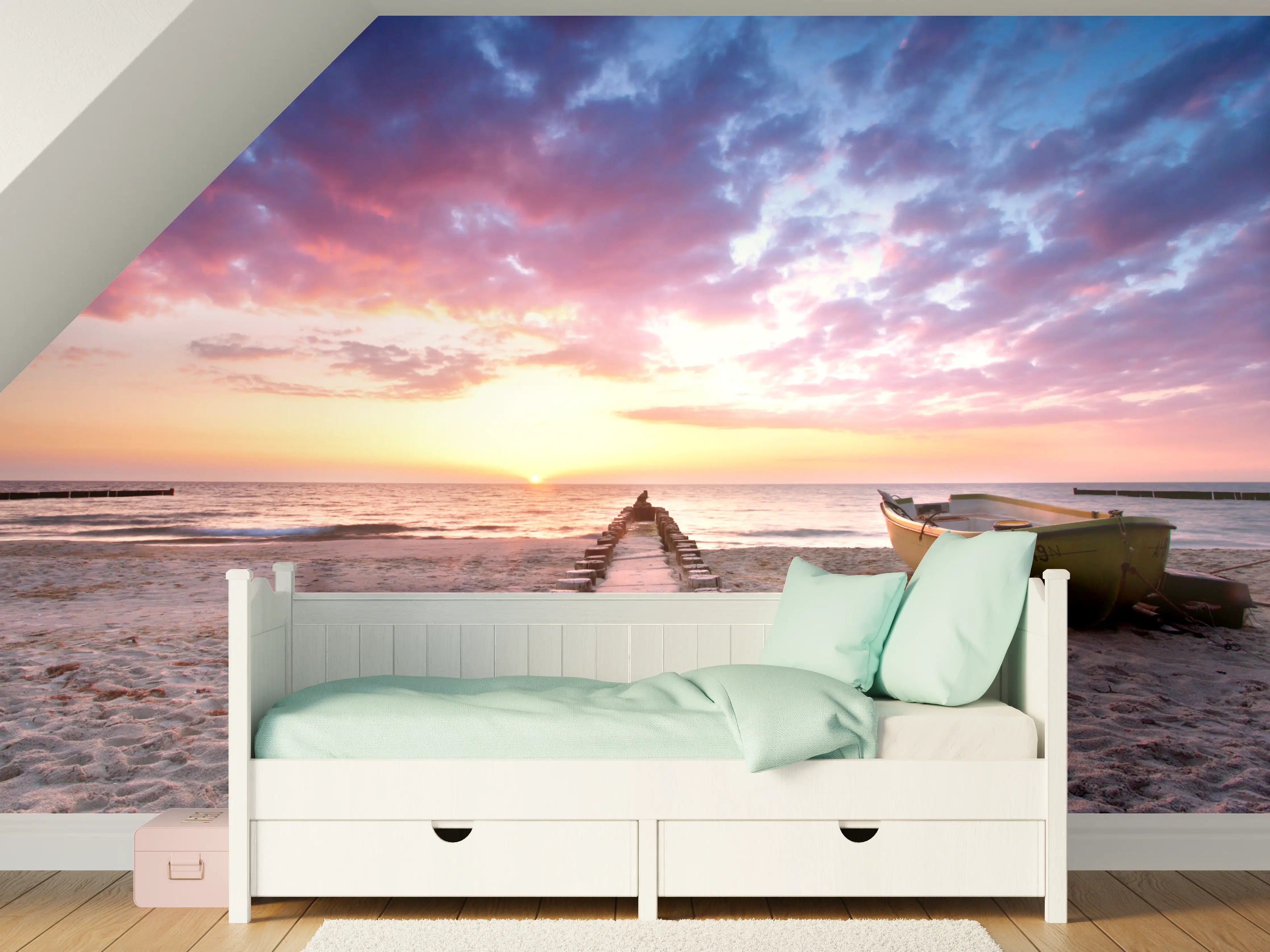 Kinderzimmer Wandgestaltung - Steg ins Meer bei Abendsonne