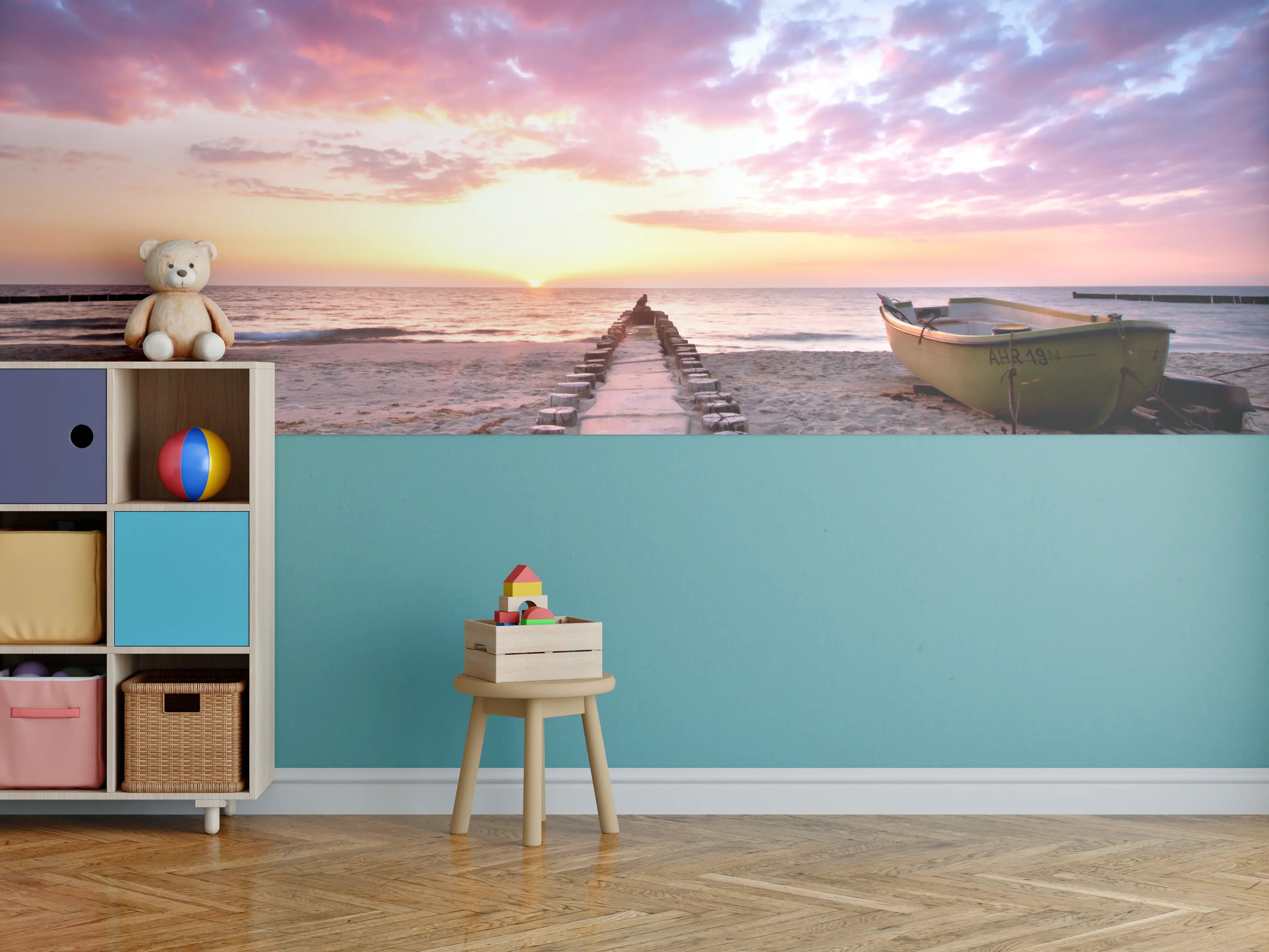 Kinderzimmer Wandgestaltung - Steg ins Meer bei Abendsonne
