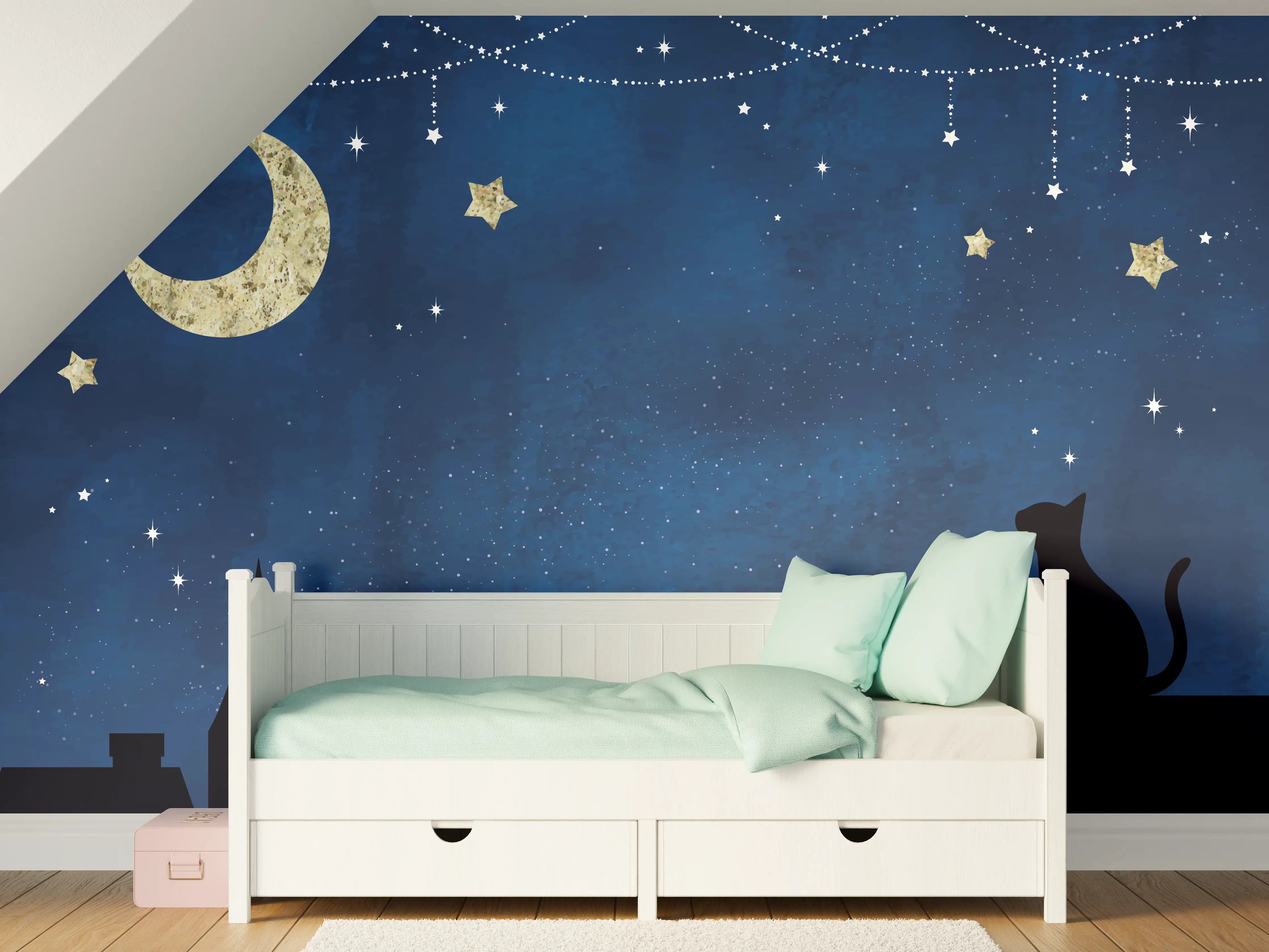 Kinderzimmer Wandgestaltung - Sternenhimmel Katzensilhouette