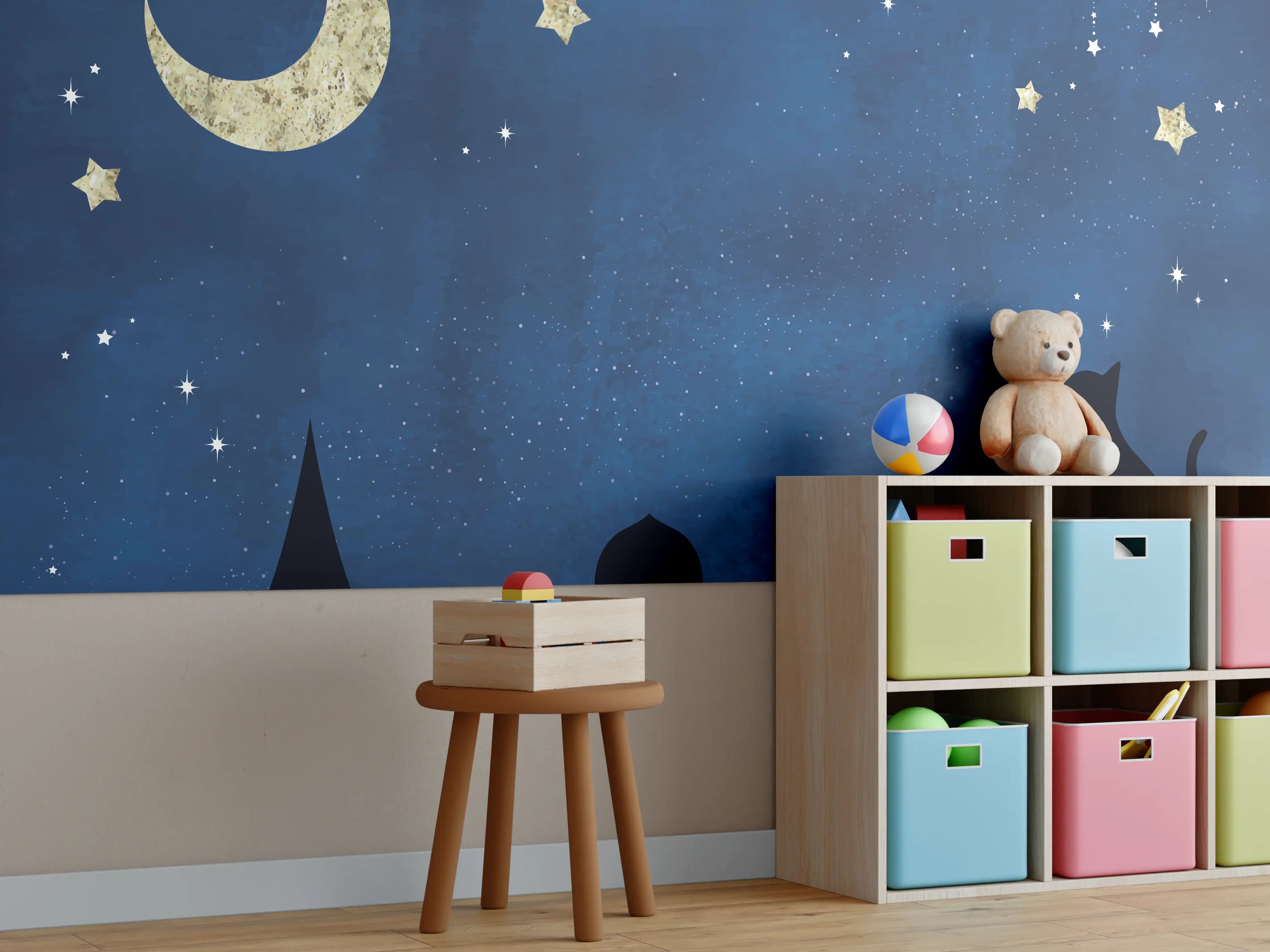 Kinderzimmer Wandgestaltung - Sternenhimmel Katzensilhouette