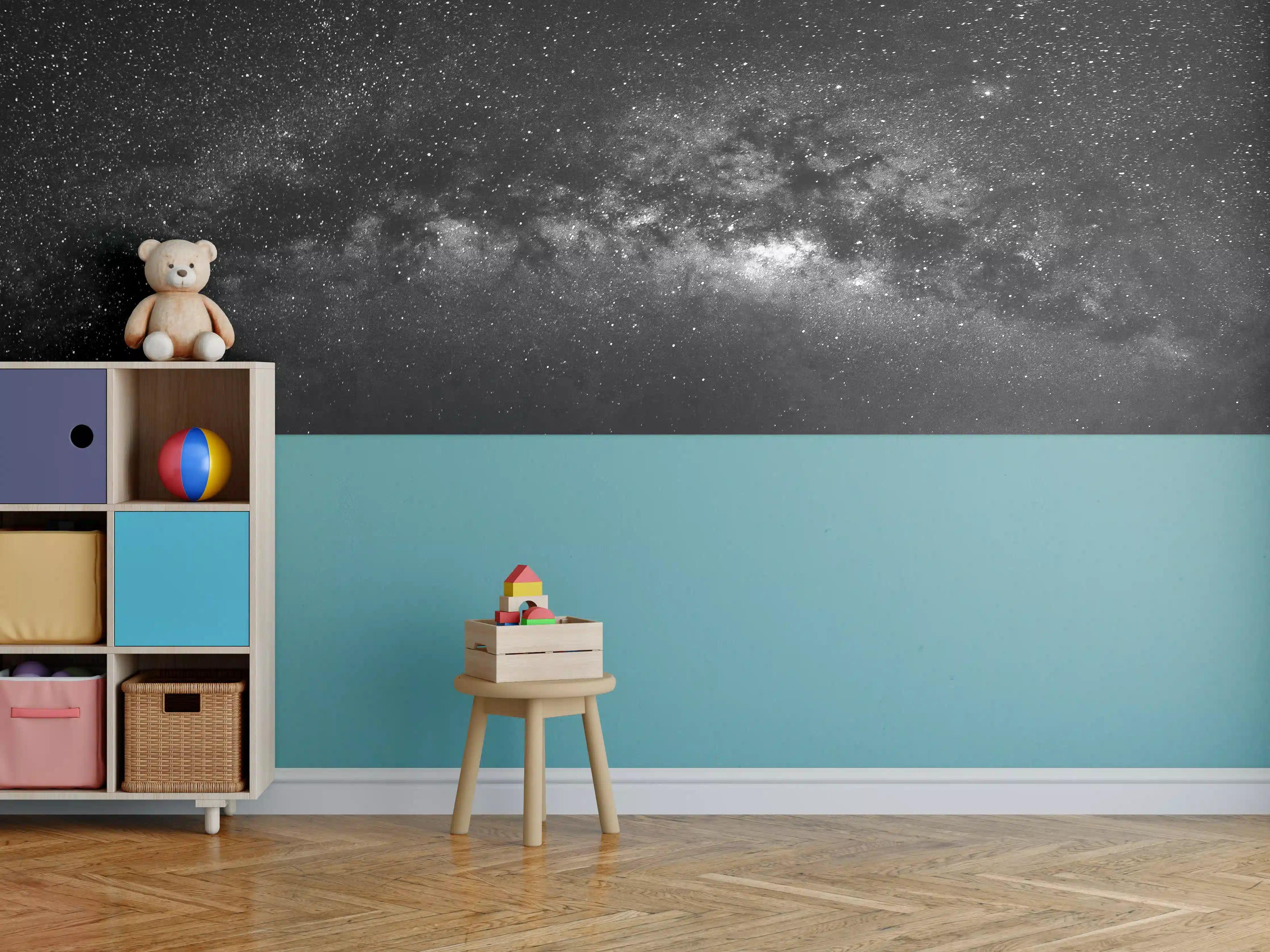 Kinderzimmer Wandgestaltung - Sternenhimmel mit Milchstraße in Schwarzweiß